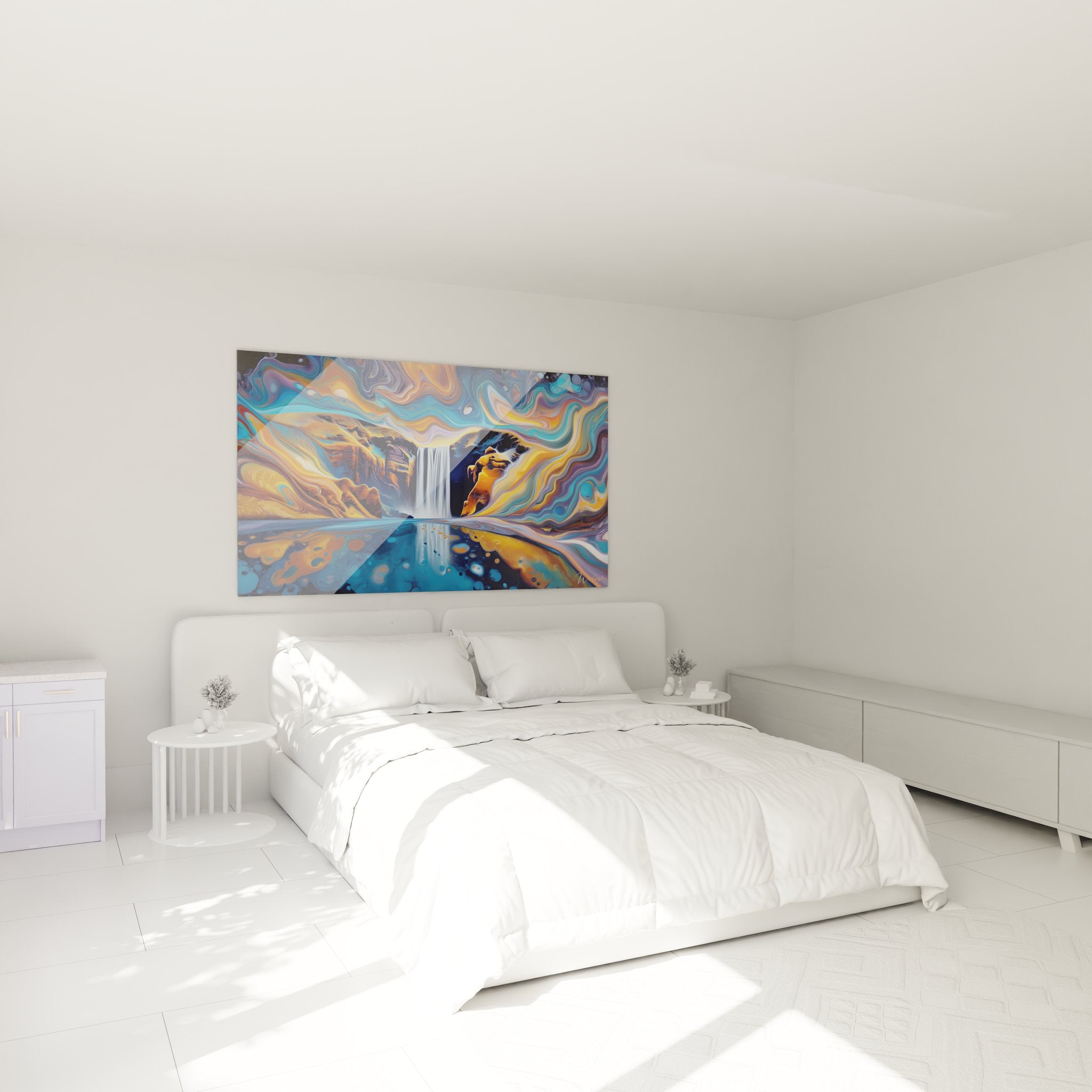Tableau cascade abstraite installé dans chambre moderne avec décoration contemporaine