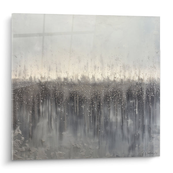 Abstract Cascade Schilderij Grijs en Wit met Goudregen Effect - Metalen Sereniteit - Feng Shui West Editie