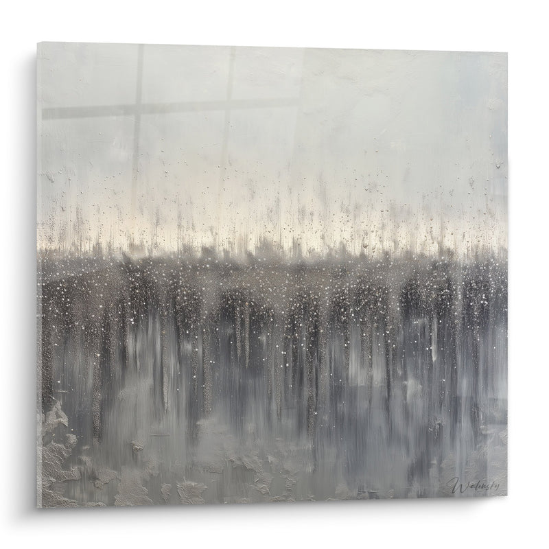 Tableau Cascade Abstraite Gris et Blanc avec Effet de Pluie Dorée - Sérénité Métallique - Edition Feng shui Ouest Métal