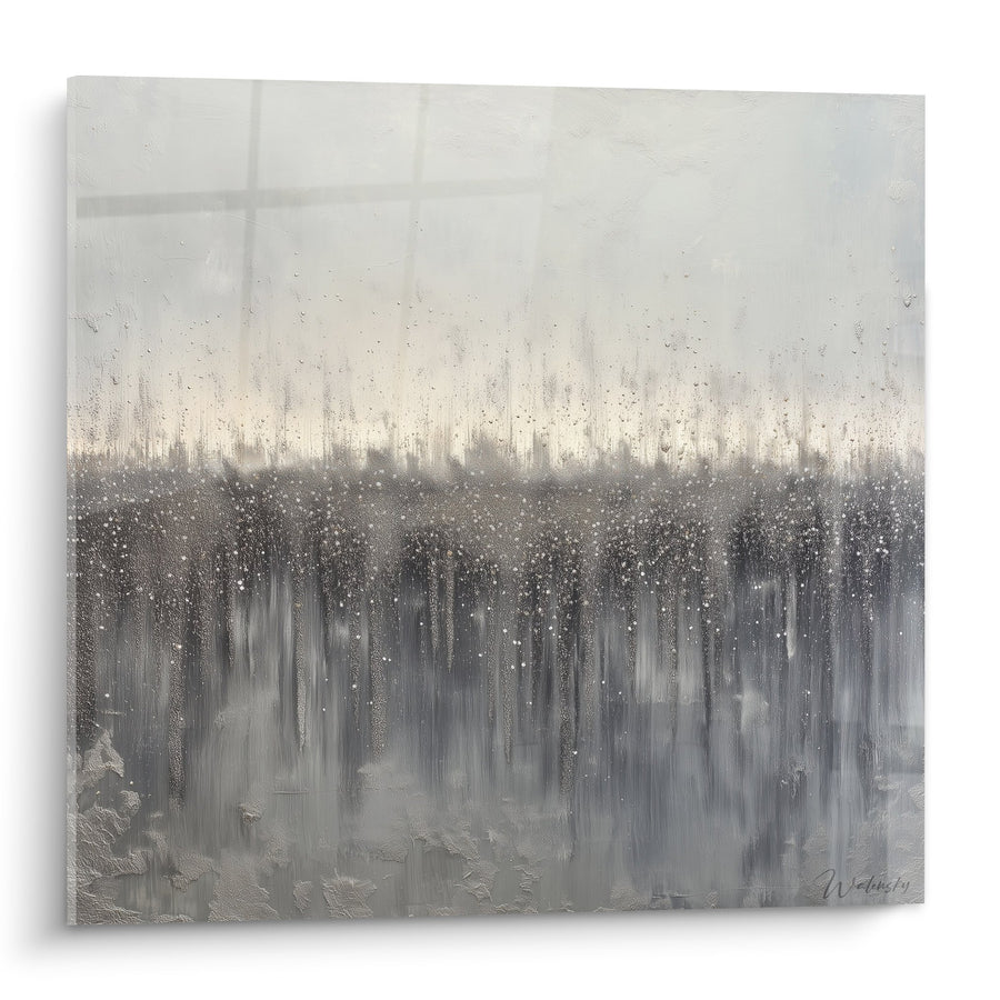 Tableau Cascade Abstraite Gris et Blanc avec Effet de Pluie Dorée - Sérénité Métallique - Edition Feng shui Ouest Métal