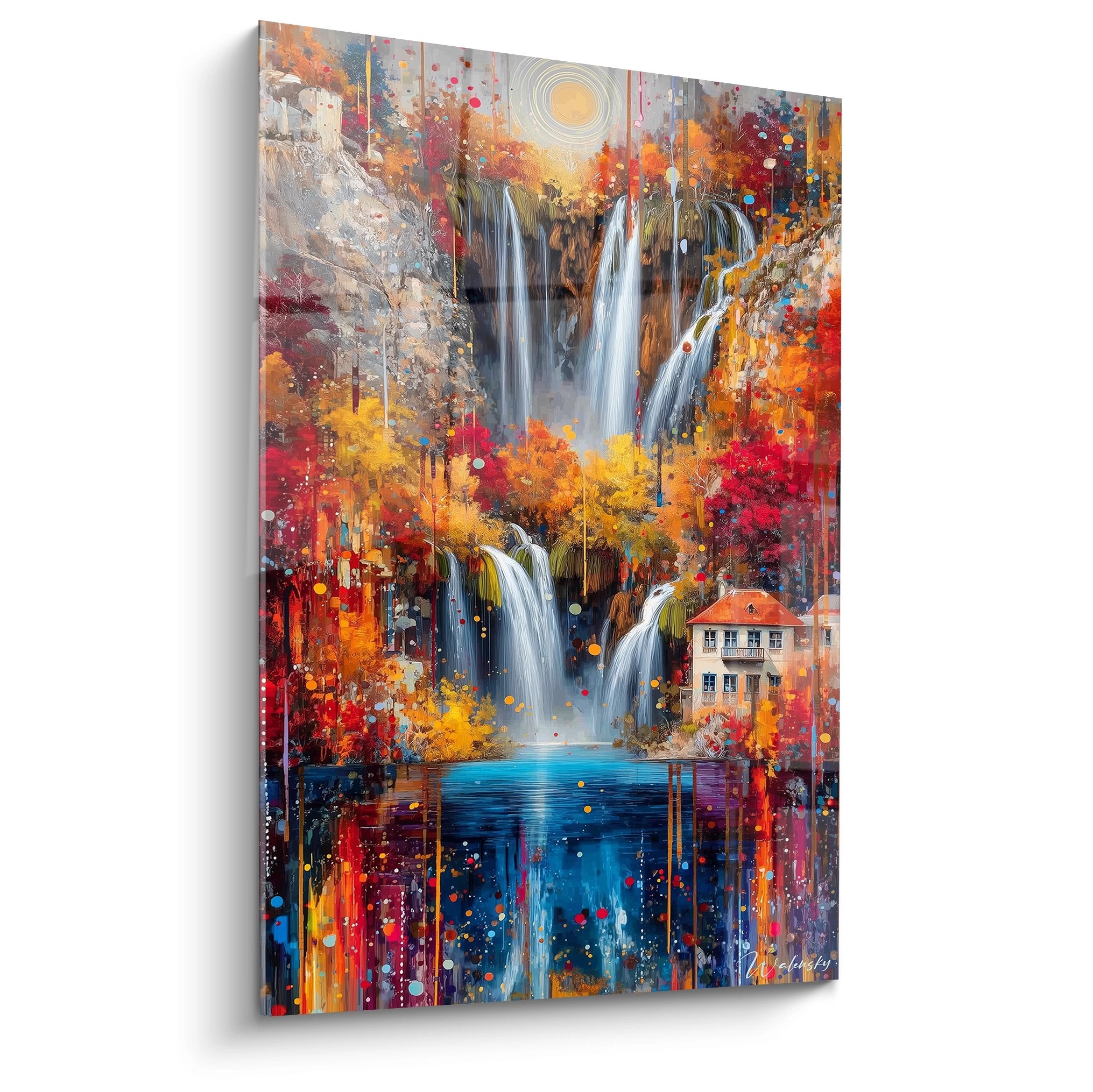 Tableau mural cascade abstraite multicolore avec chutes d'eau stylisées et couleurs automnales vibrantes