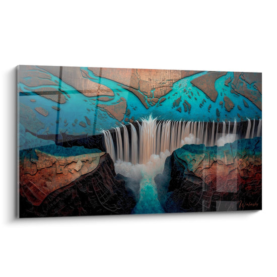 Abstract waterval schilderij - Gestileerde turkooise waterval - waterval editie