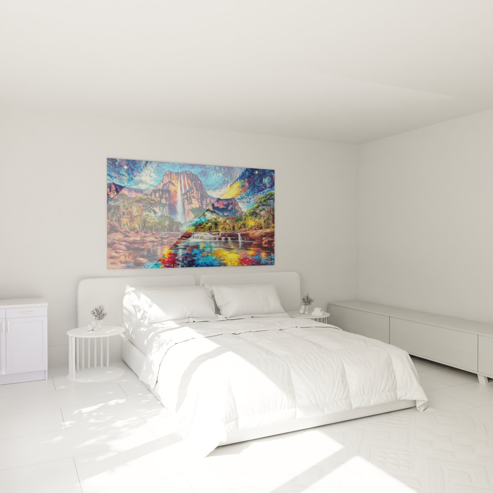 Tableau cascade Angel Falls décorant une chambre moderne avec ambiance nature apaisante