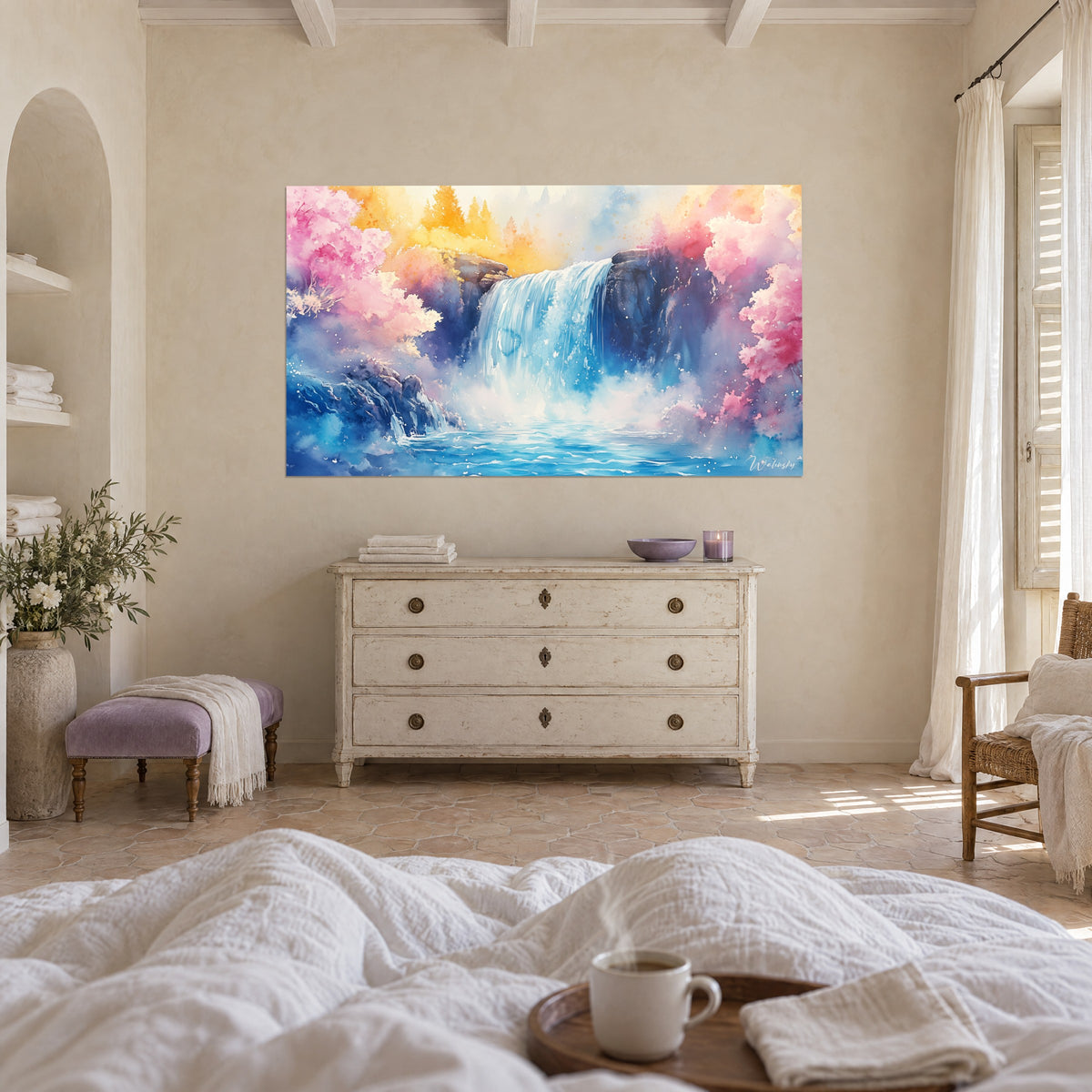 Wall art foaming azure torrent beneath candy-pink and orange foliage, cream background, above a bed in a light bedroom