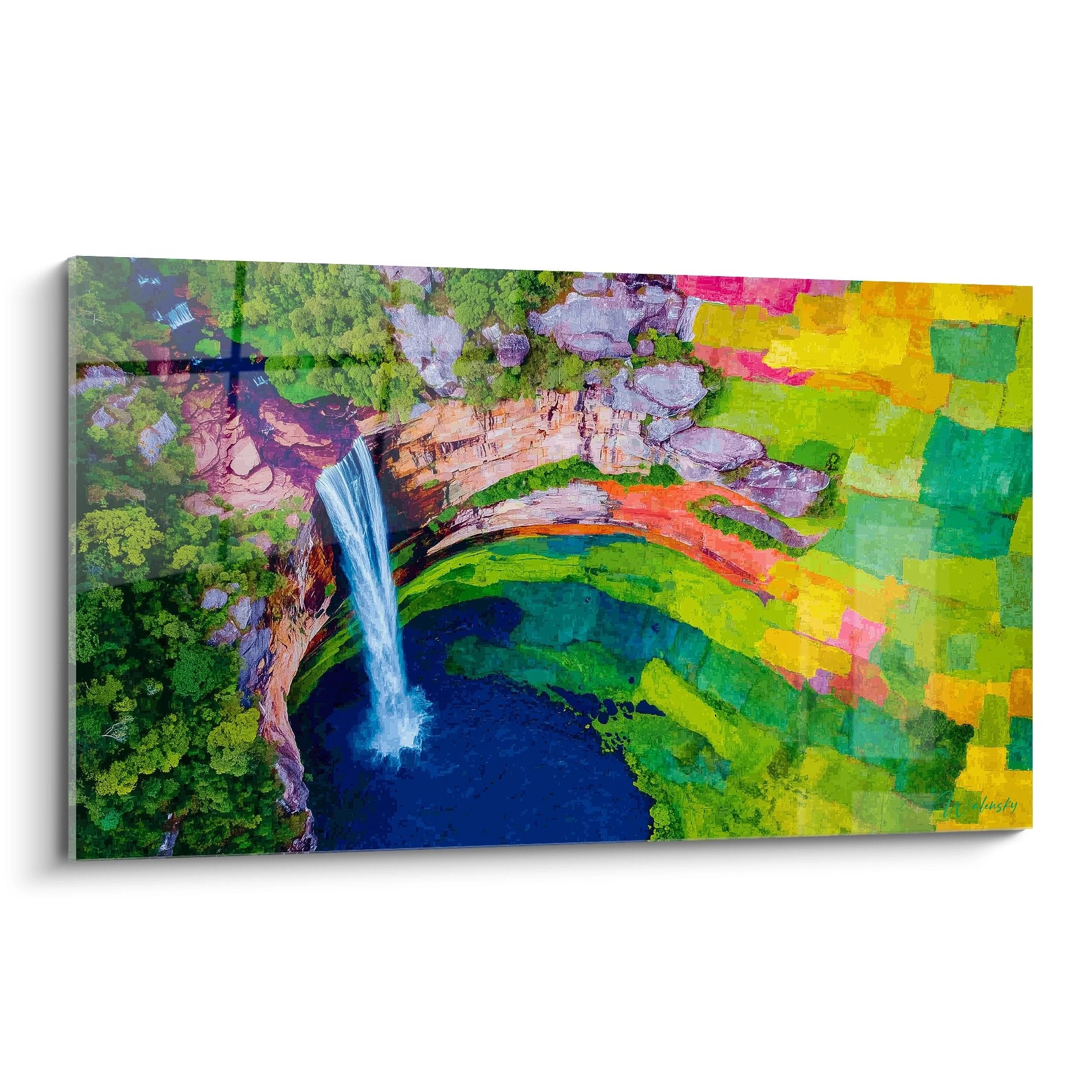 Tableau mural cascade psychédélique aux couleurs vives arc-en-ciel avec chute d'eau et bassin bleu