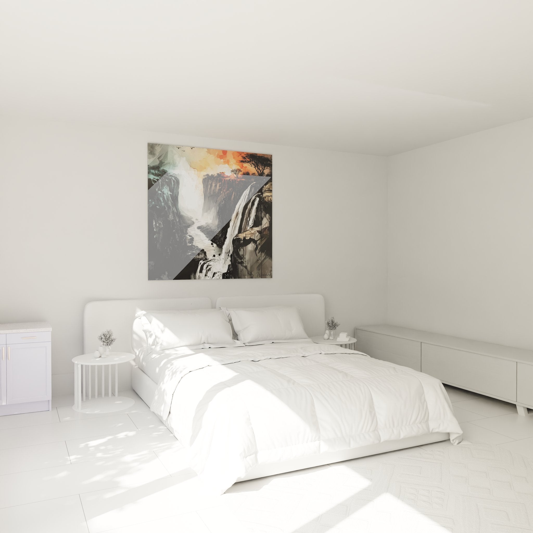 Tableau cascade artistique dans ambiance chambre moderne avec chutes d'eau spectaculaires