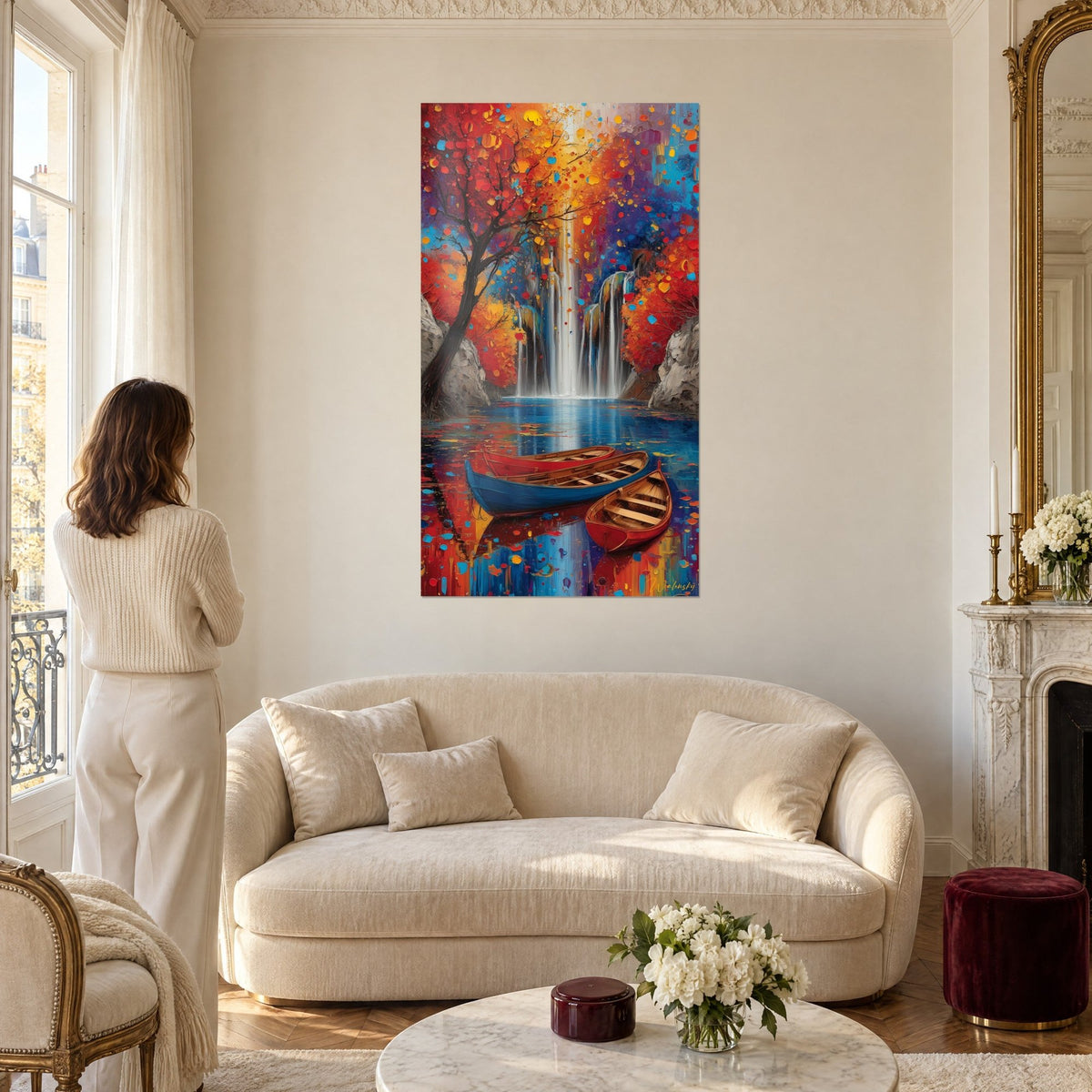 Tableau chute d'eau cernée de feuillages rouge et orangé, trois barques sur un lac bleu, au-dessus d'un canapé dans un salon lumineux