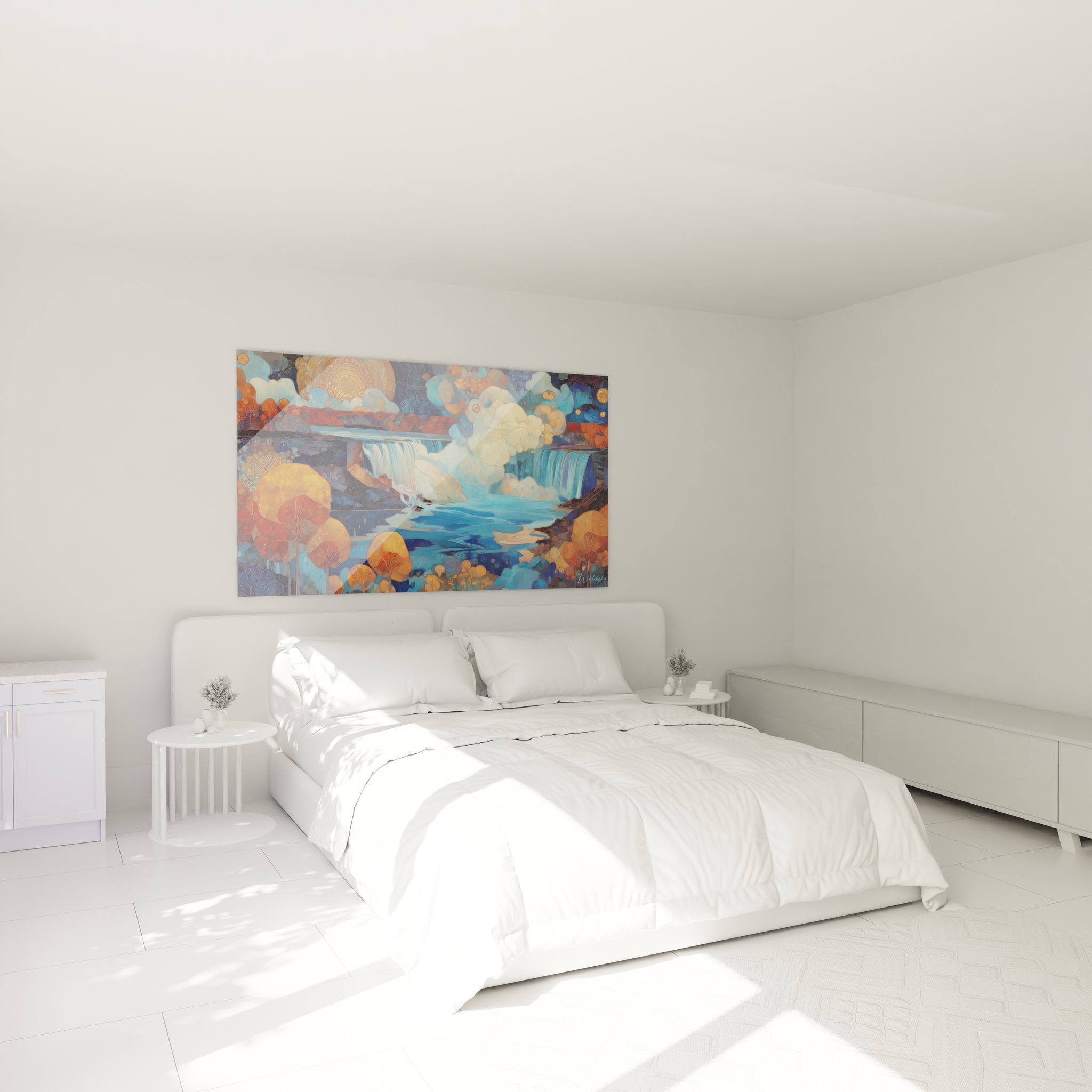 Tableau cascade automne stylisée ambiance chambre décoration murale moderne apaisante