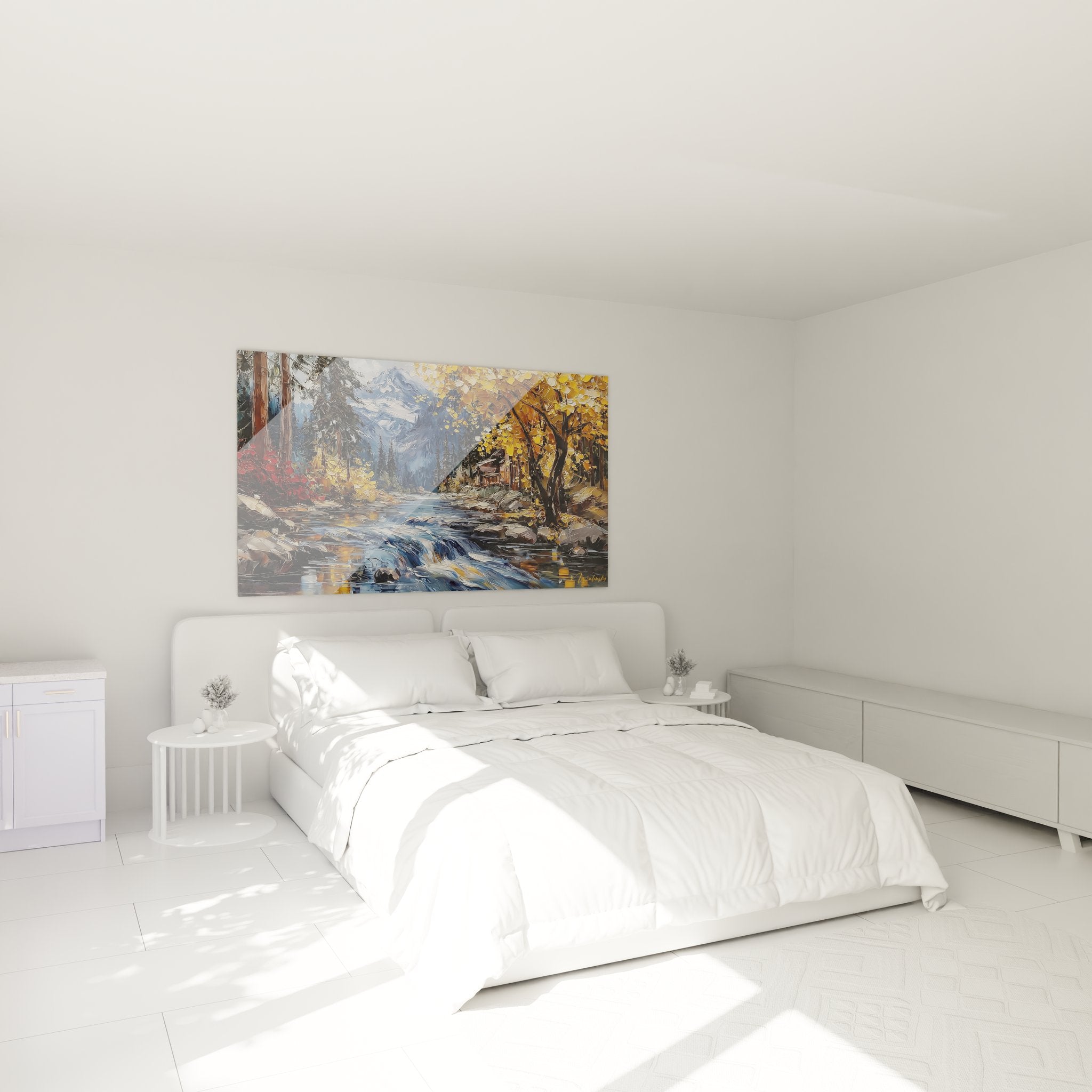 Tableau mural rivière automne dans chambre, décoration nature cascade dorée ambiance chaleureuse