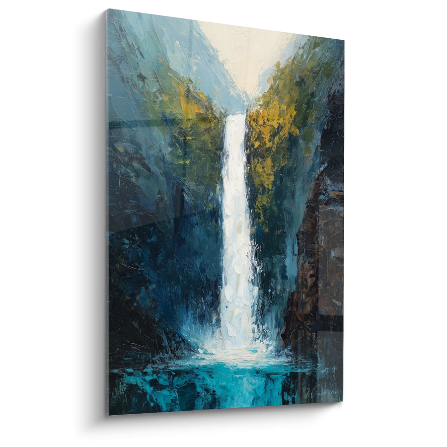 Tableau cascade blanche entre falaises verdoyantes aux tons bleus et dorés - Sérénité aquatique - Edition Feng shui Nord Eau