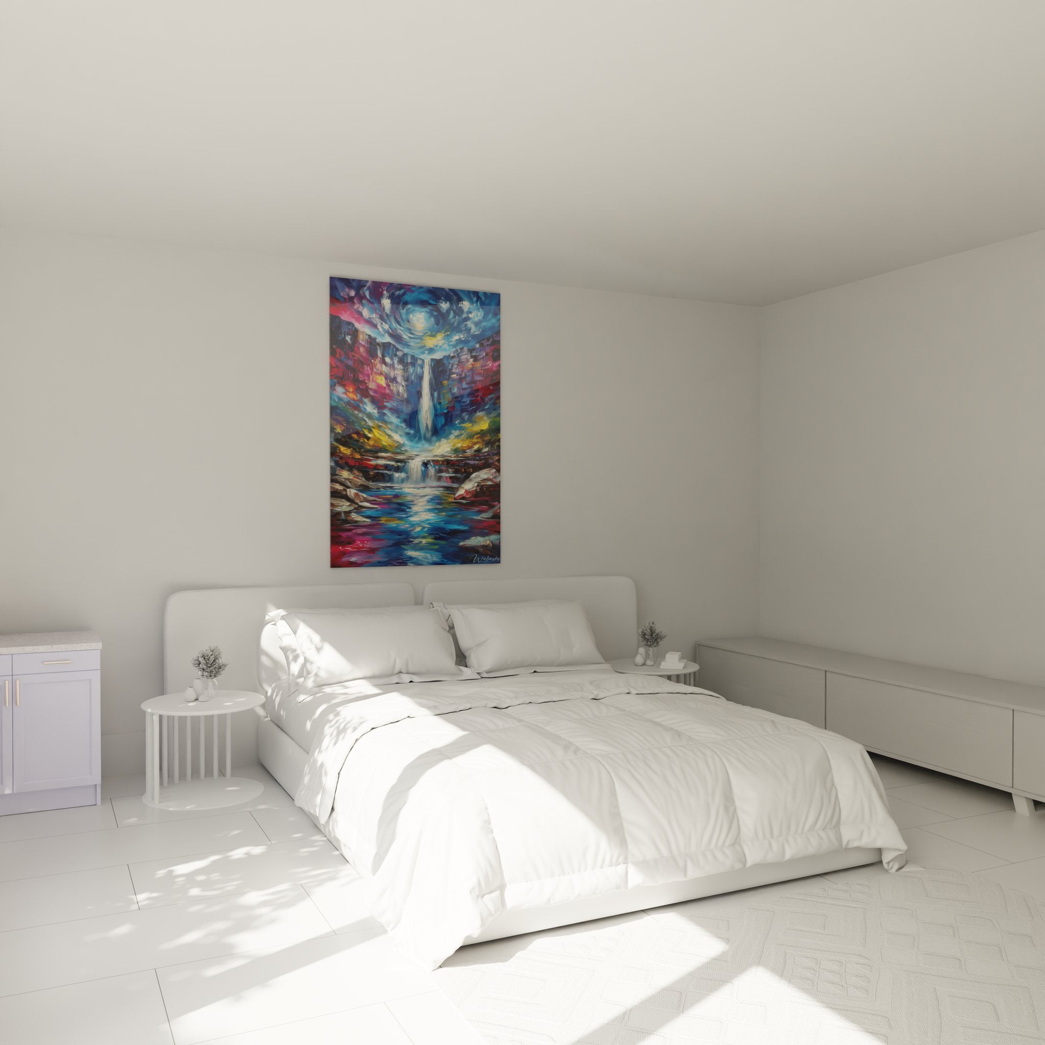 Tableau cascade canyon mystique dans ambiance chambre moderne décoration murale
