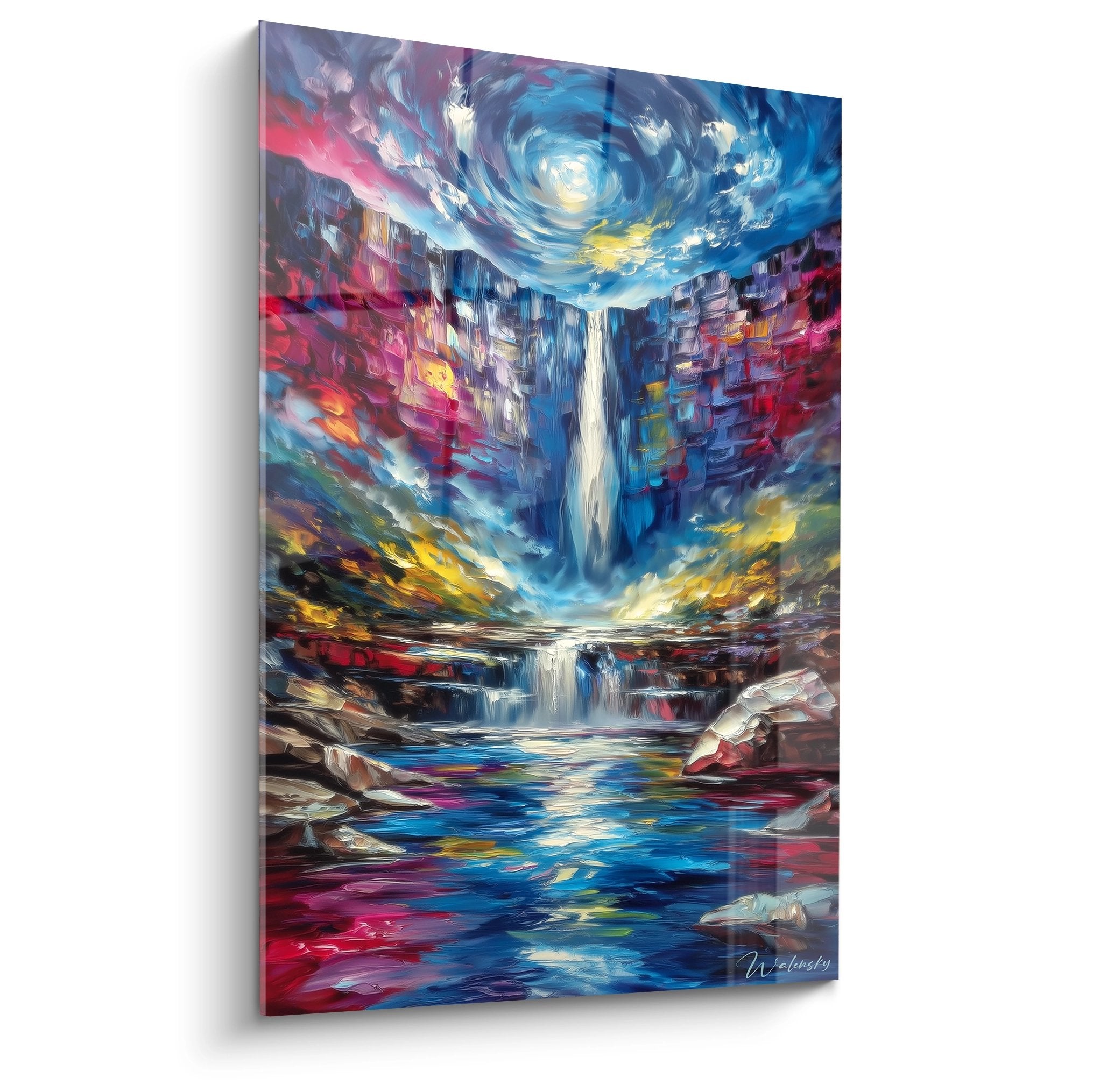 Tableau mural cascade surréaliste canyon multicolore avec chute d'eau et ciel tourbillonnant