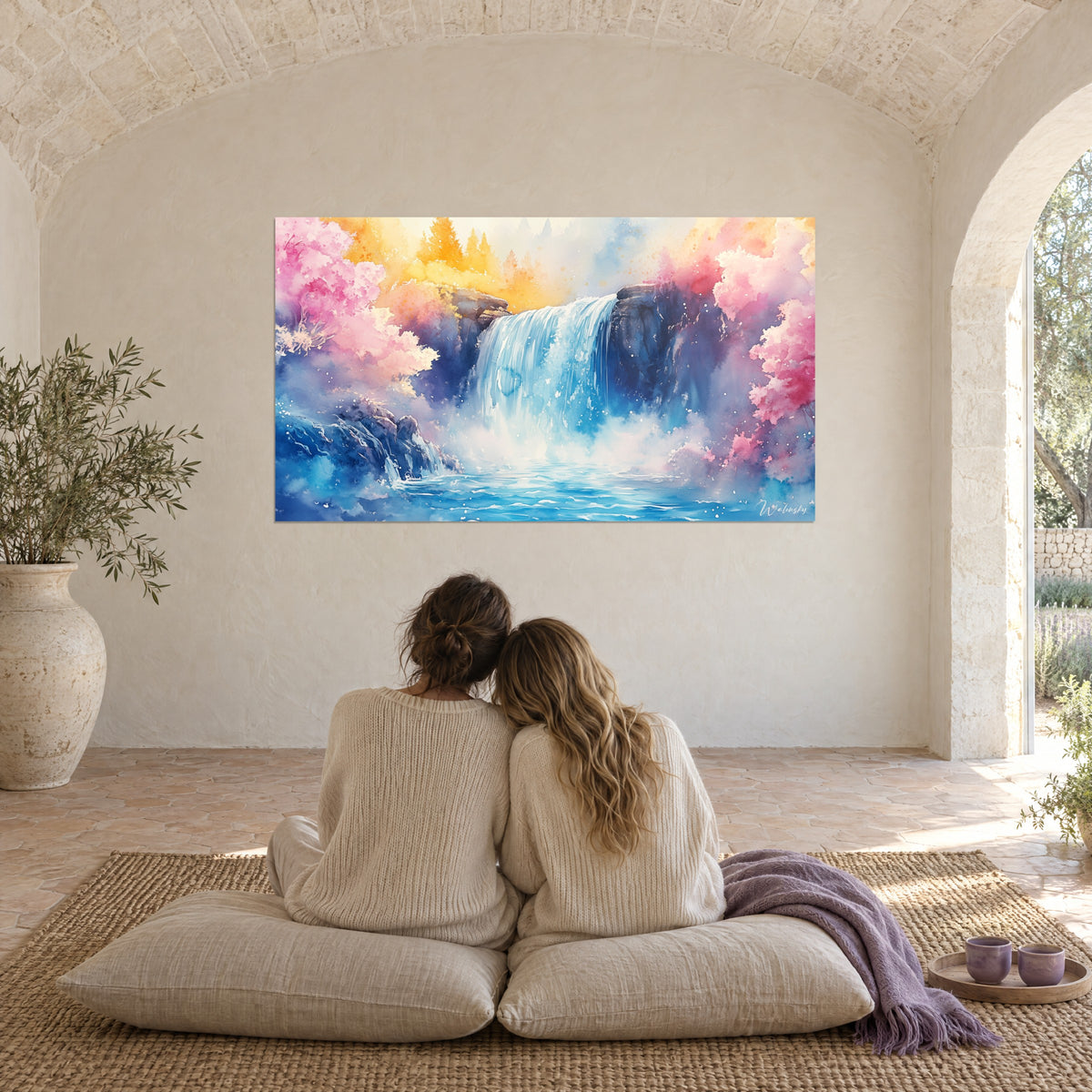 Wall art rushing water tumbling over rocks in sea blue, peach and lilac clouds, two women embracing from behind on cushions, bright farmhouse
