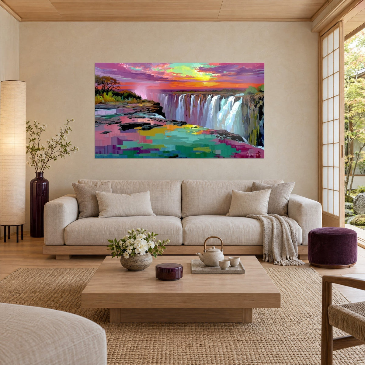 Tableau cascade de rideaux d'écume blanche sous un ciel rose et jaune, mosaïque turquoise au premier plan, au-dessus d'un canapé dans un salon lumineux