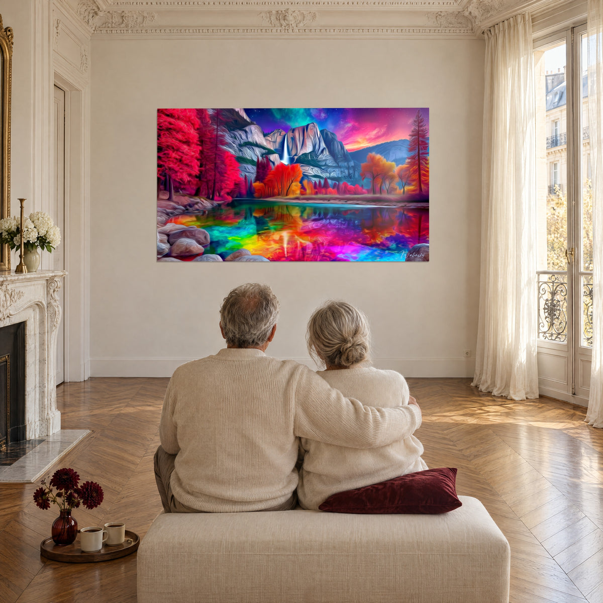 Tableau lac irisé d'un parc national imaginaire, arbres rouges et jaune d'or, ciel violet constellé, face à deux personnes âgées enlacées de dos