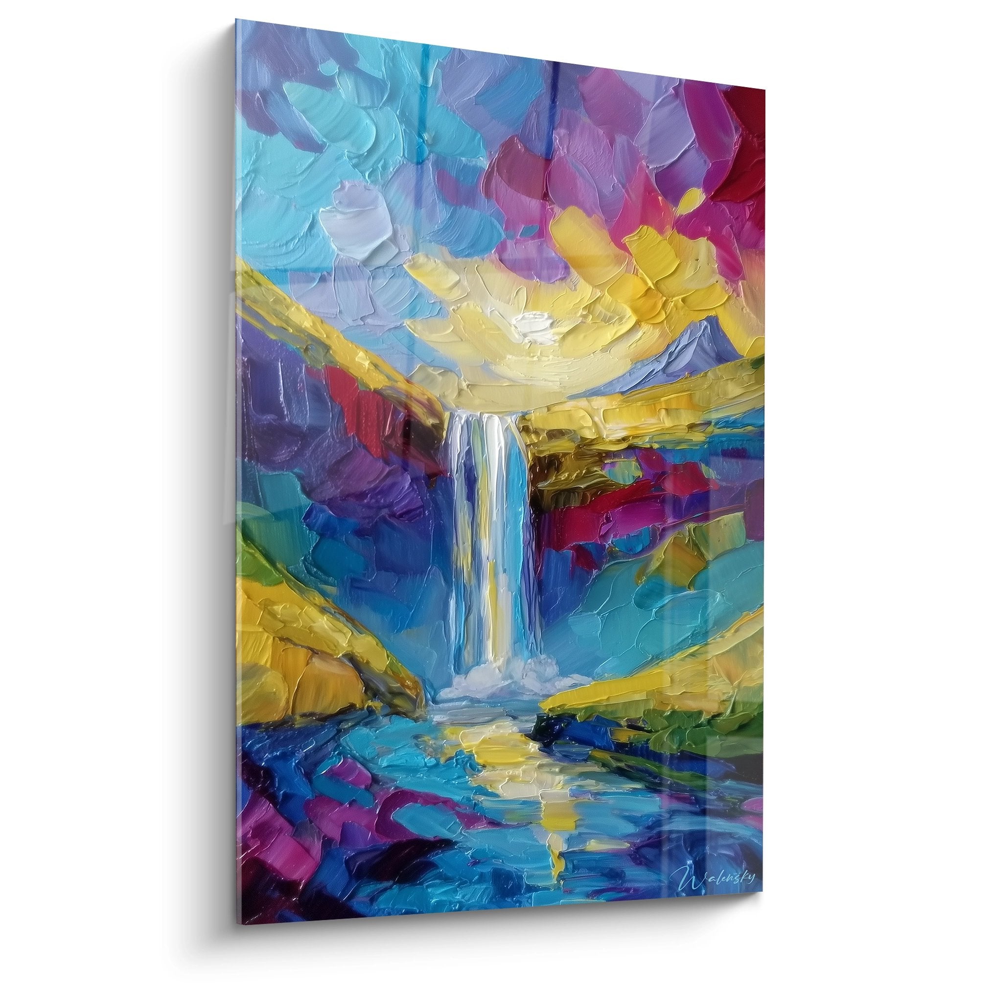 Tableau cascade abstraite aux couleurs vives, peinture moderne chute d'eau décorative
