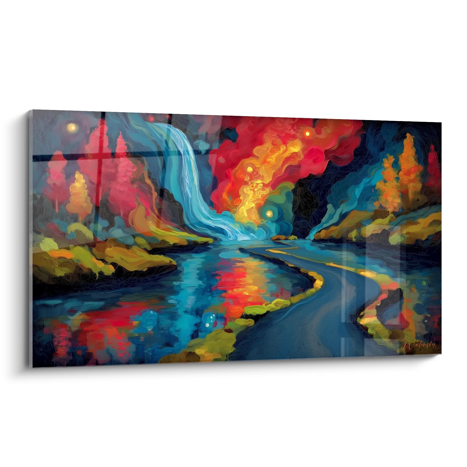 Tableau mural cascade colorée abstraite aux tons bleus turquoise et ciel rouge orange