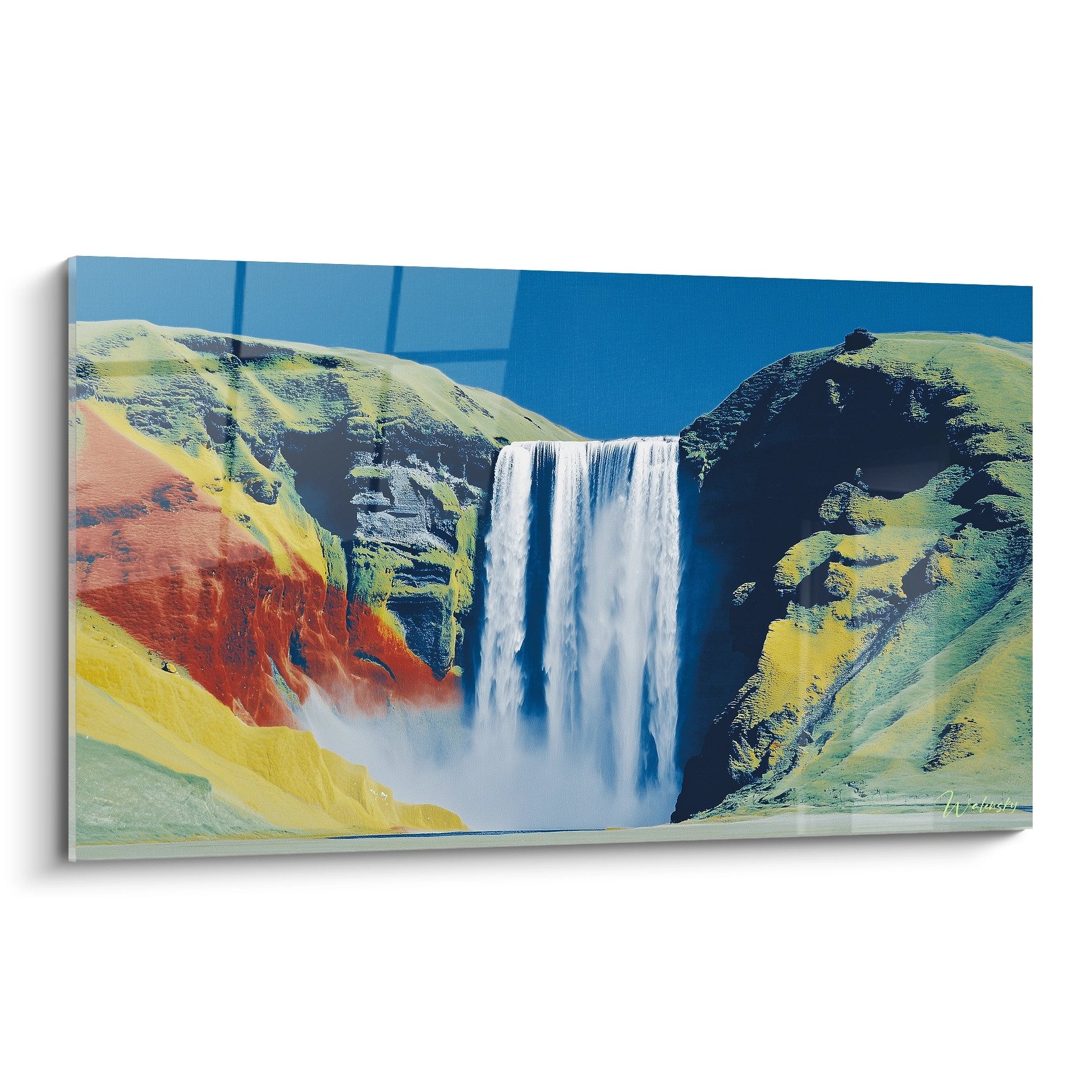 Tableau mural cascade colorée surréaliste aux tons psychédéliques rouge orange vert et bleu