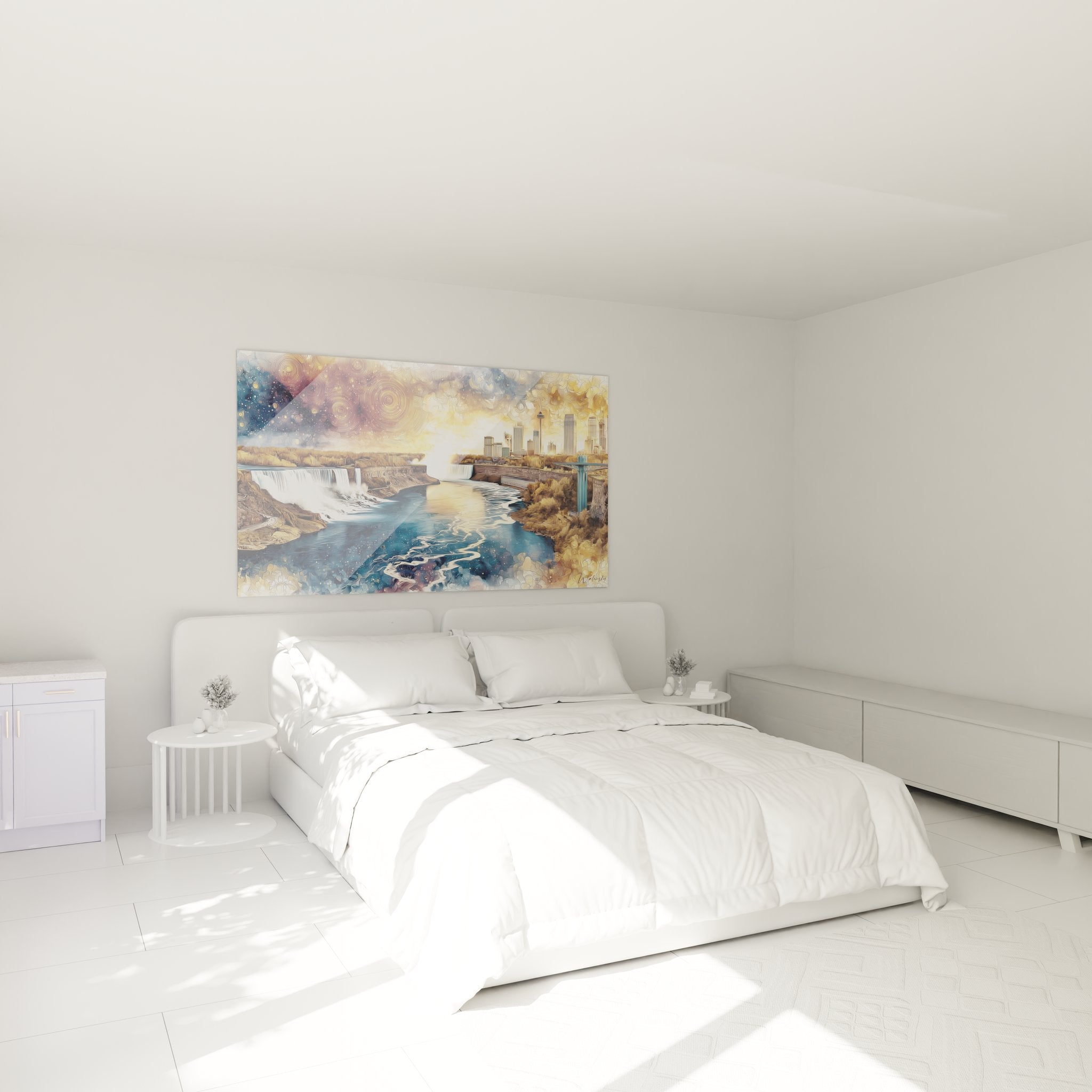 Tableau cascade urbaine fantastique dans chambre moderne, décoration murale art cosmique et naturel