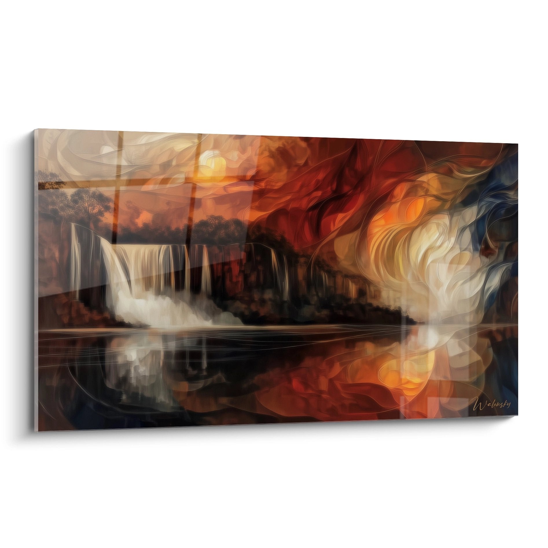 Tableau cascade coucher soleil avec effets abstraits colorés, art mural moderne décoratif