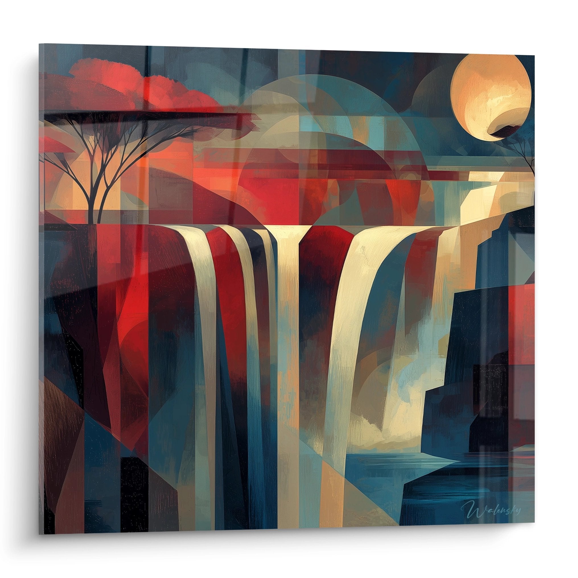 Tableau cascade cubiste aux formes géométriques colorées, art mural moderne avec colonnes et flux abstrait