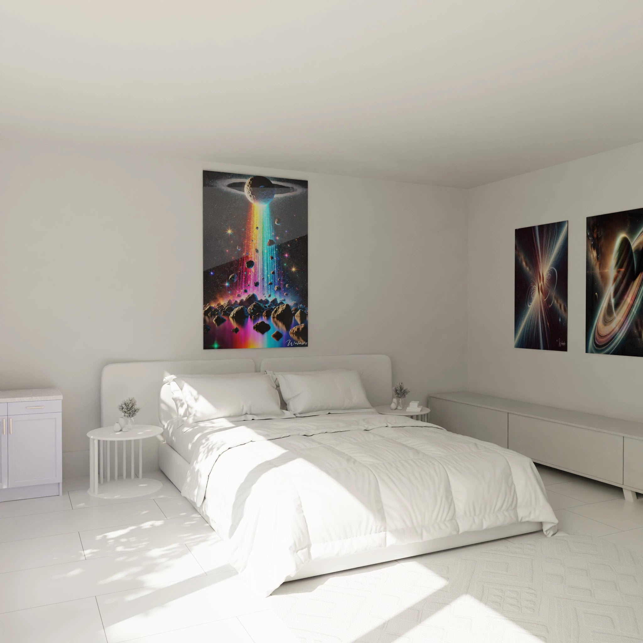 Ce tableau espace crée une atmosphère apaisante avec ses dégradés lumineux de bleu et noir. Les fragments d'astéroïdes reflètent l'infini et éveillent une émotion intense dans votre chambre.

