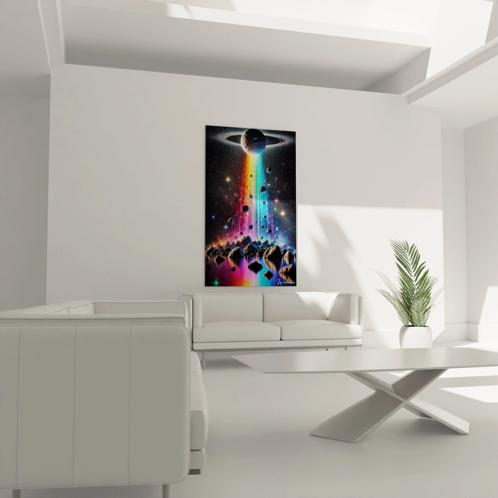 Dans votre salon, ce tableau espace devient la pièce centrale. Ses contrastes multicolores et ses éclats abstraits illuminent l’ambiance, reflétant la majesté et le mystère de l'univers.

