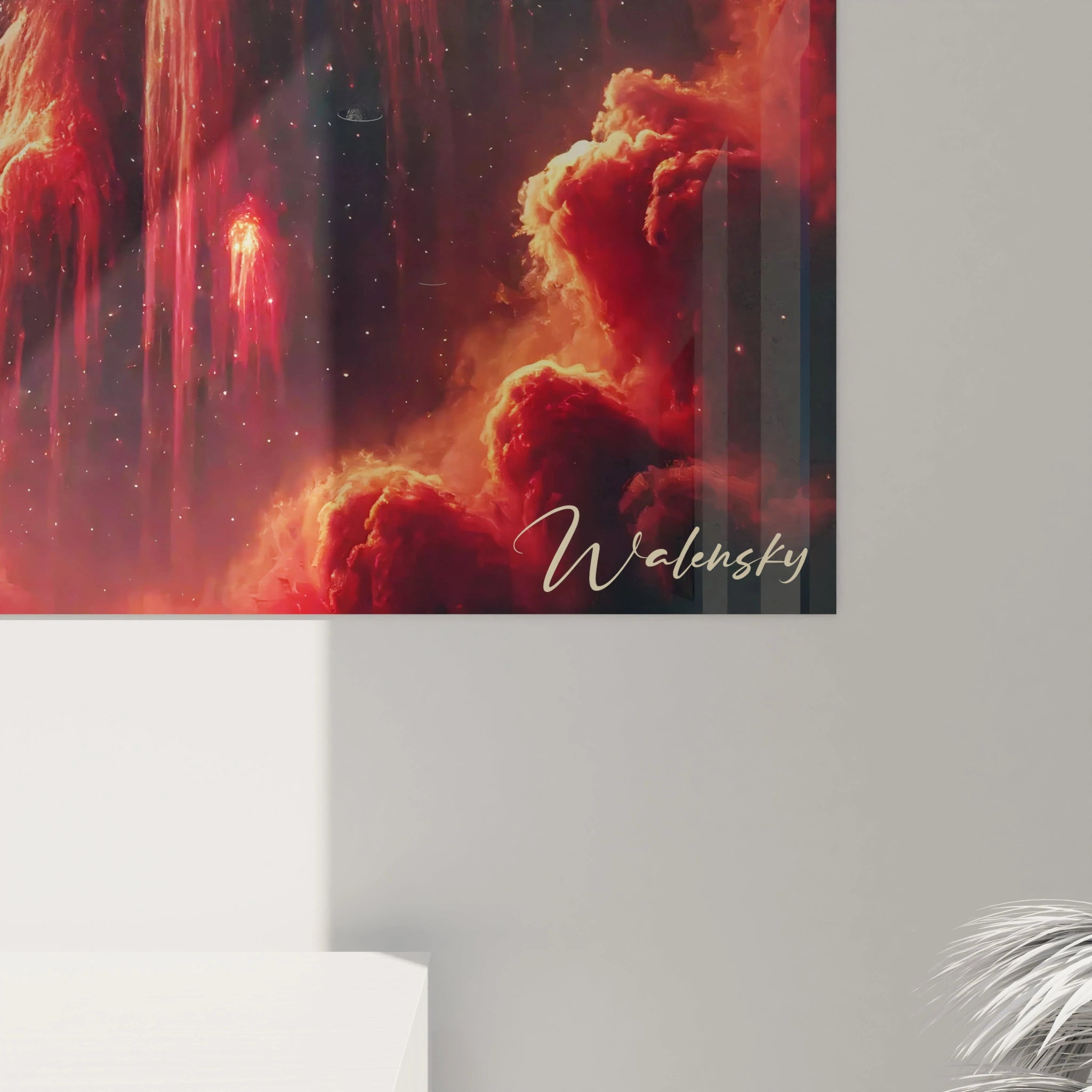 zoom sur les cascades incandescentes mélange de rouge orange et noir des textures audacieuses donnent vie à ce tableau espace inspiré des mystères stellaires.

