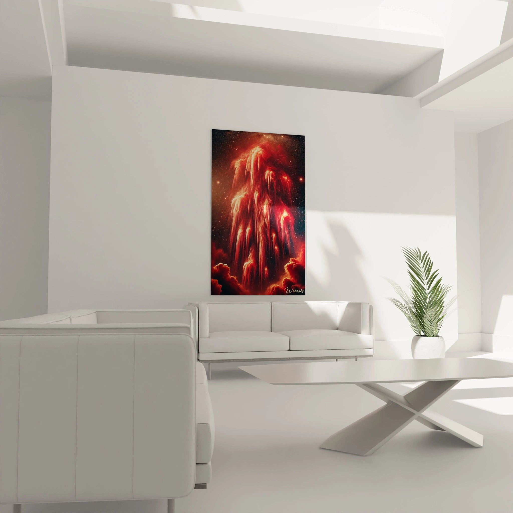 au-dessus du canapé ce tableau espace devient un point focal envoûtant ses flots lumineux rouges et orange illuminent l'obscurité et captivant l'œil.

