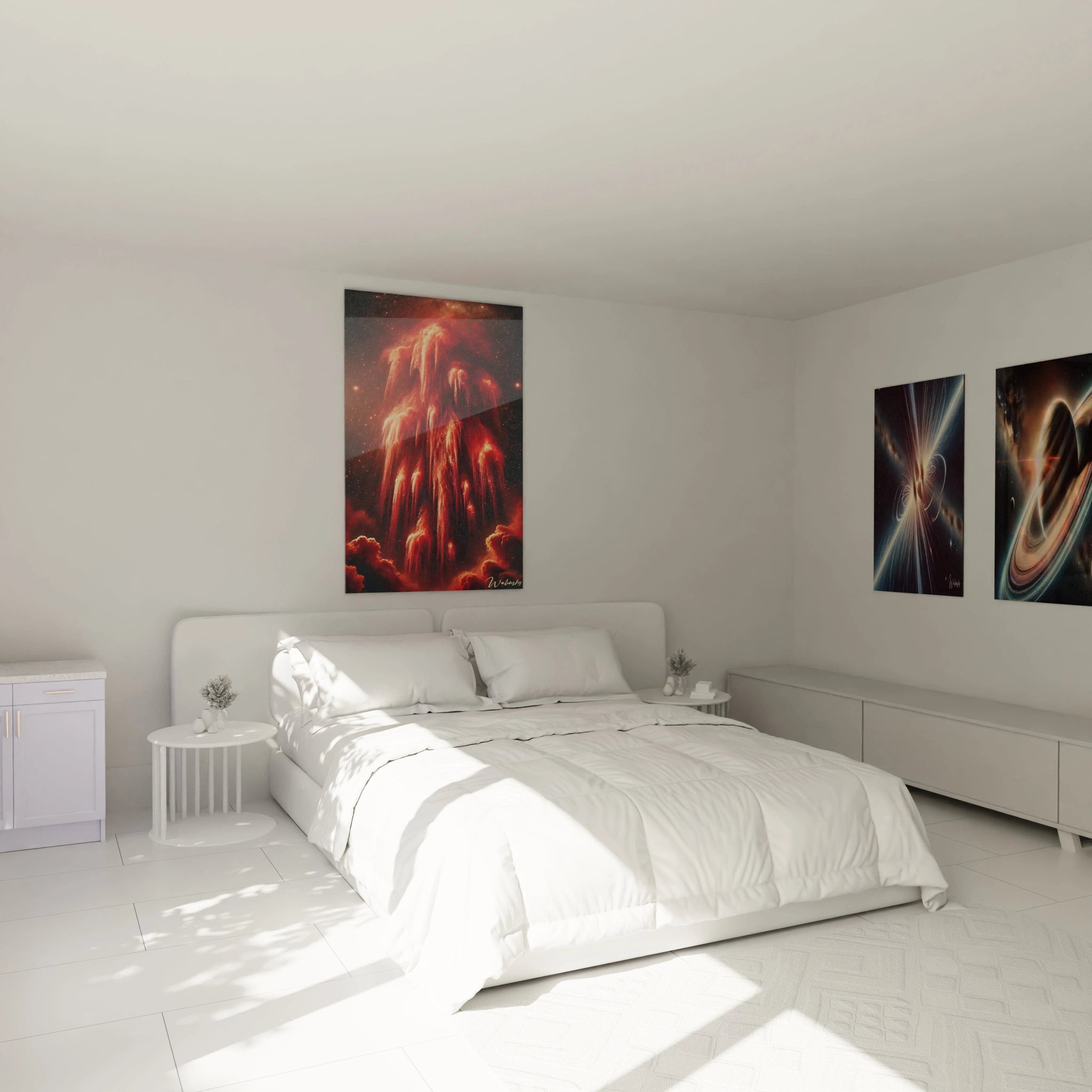 place sur un mur sombre la cascade lumineuse de ce tableau espace révèle des nuances rouges et oranges apportant mystère et élégance au-dessus de votre lit.

