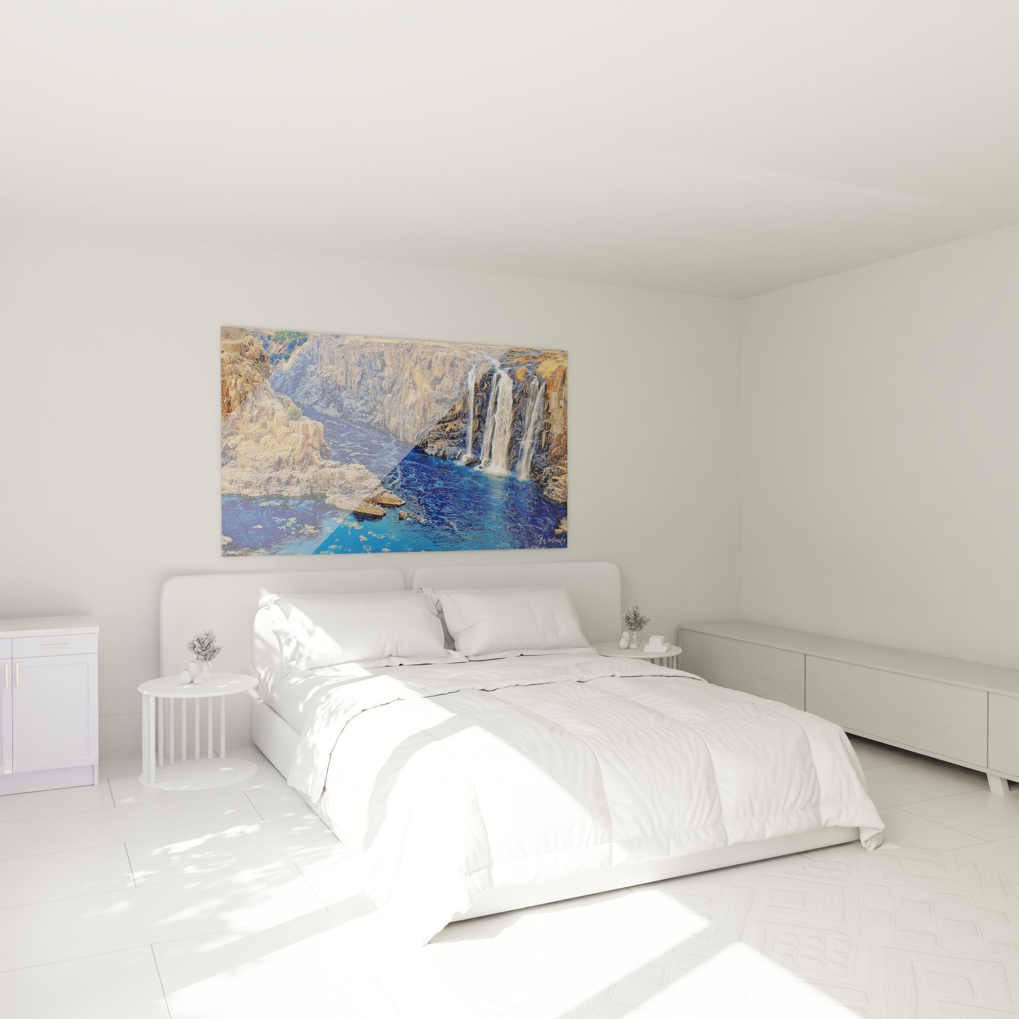 Tableau cascade décoratif dans chambre moderne avec chutes d'eau bleues et roches dorées