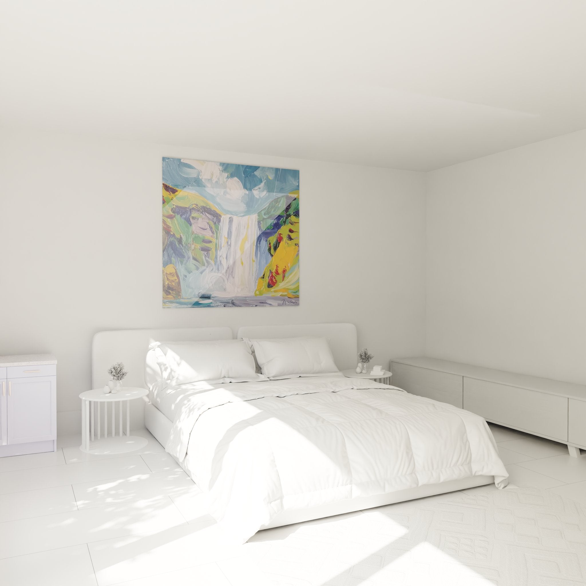 Décoration murale cascade impressionniste dans une chambre moderne avec chute d'eau colorée