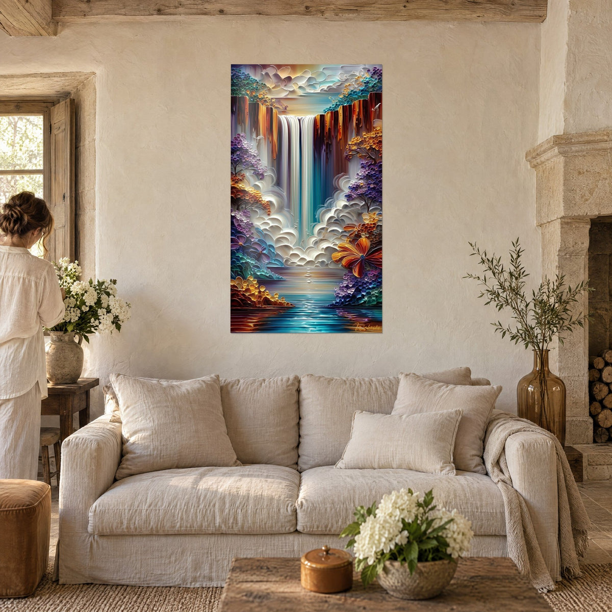 Gemälde Wasserfall in pastoser Ölmalerei, weißer Schleier, kupferfarbene Klippen, violette Bäume, Frau von hinten über einem Sofa in einem hellen Wohnzimmer