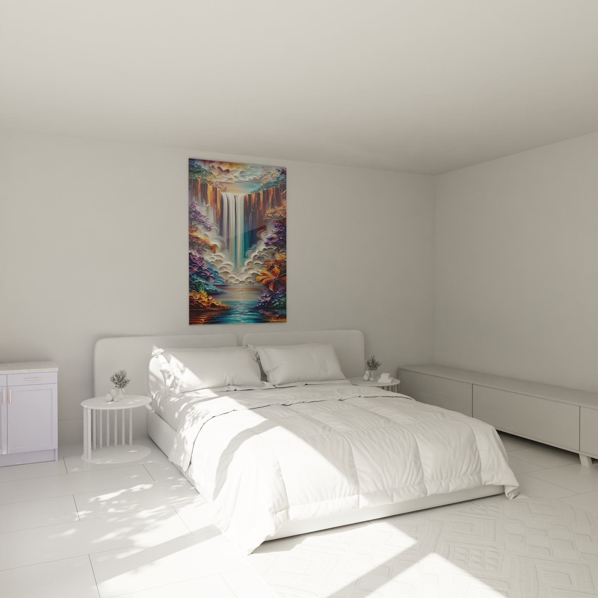 Tableau mural cascade colorée dans ambiance chambre moderne avec décoration zen