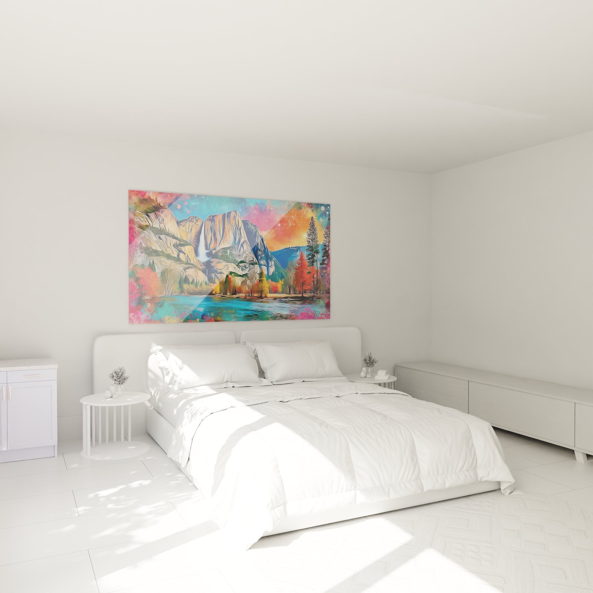 Tableau mural cascade décoratif dans chambre moderne avec éclairage ambiance