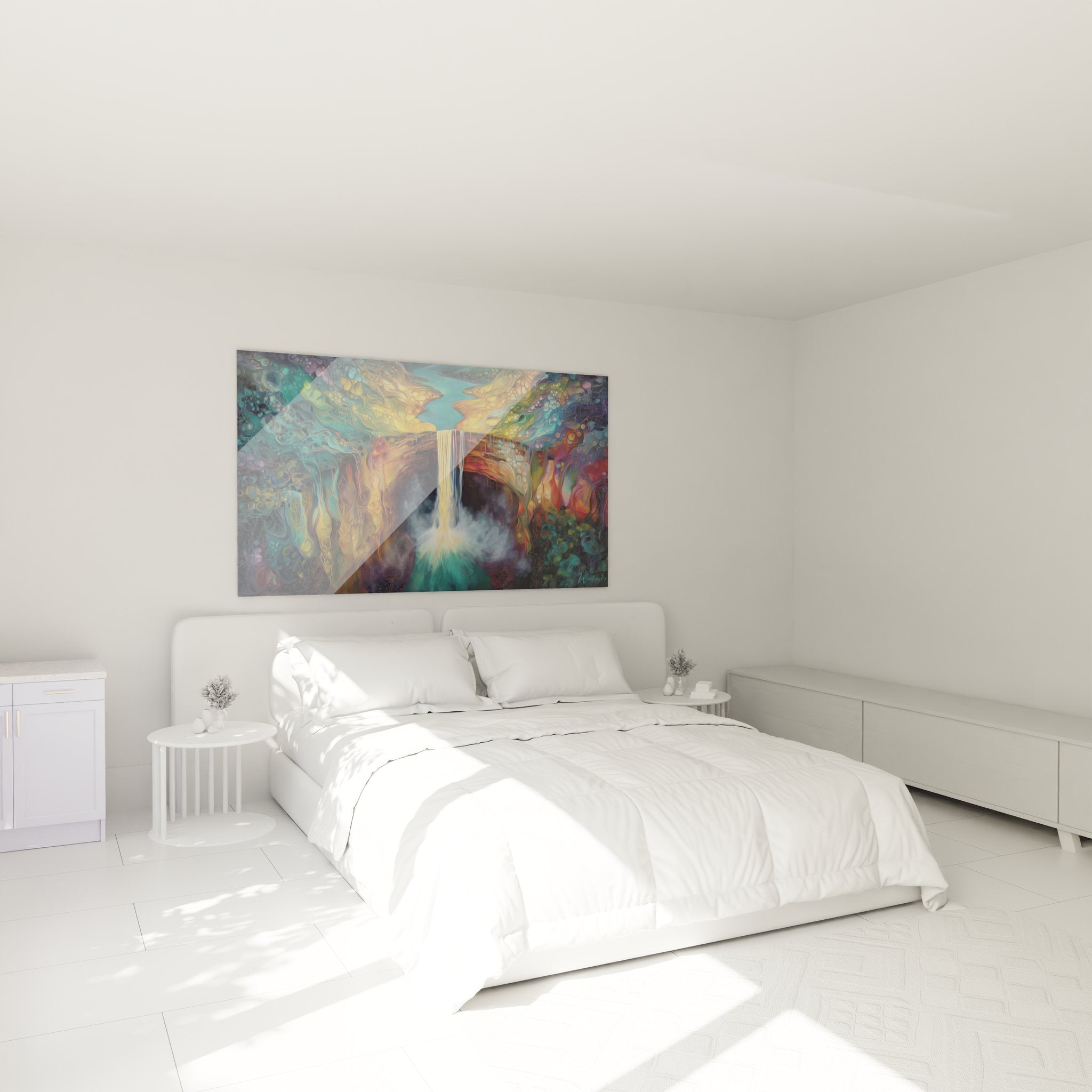 Ambiance chambre avec tableau mural cascade fantastique aux couleurs dorées et turquoise