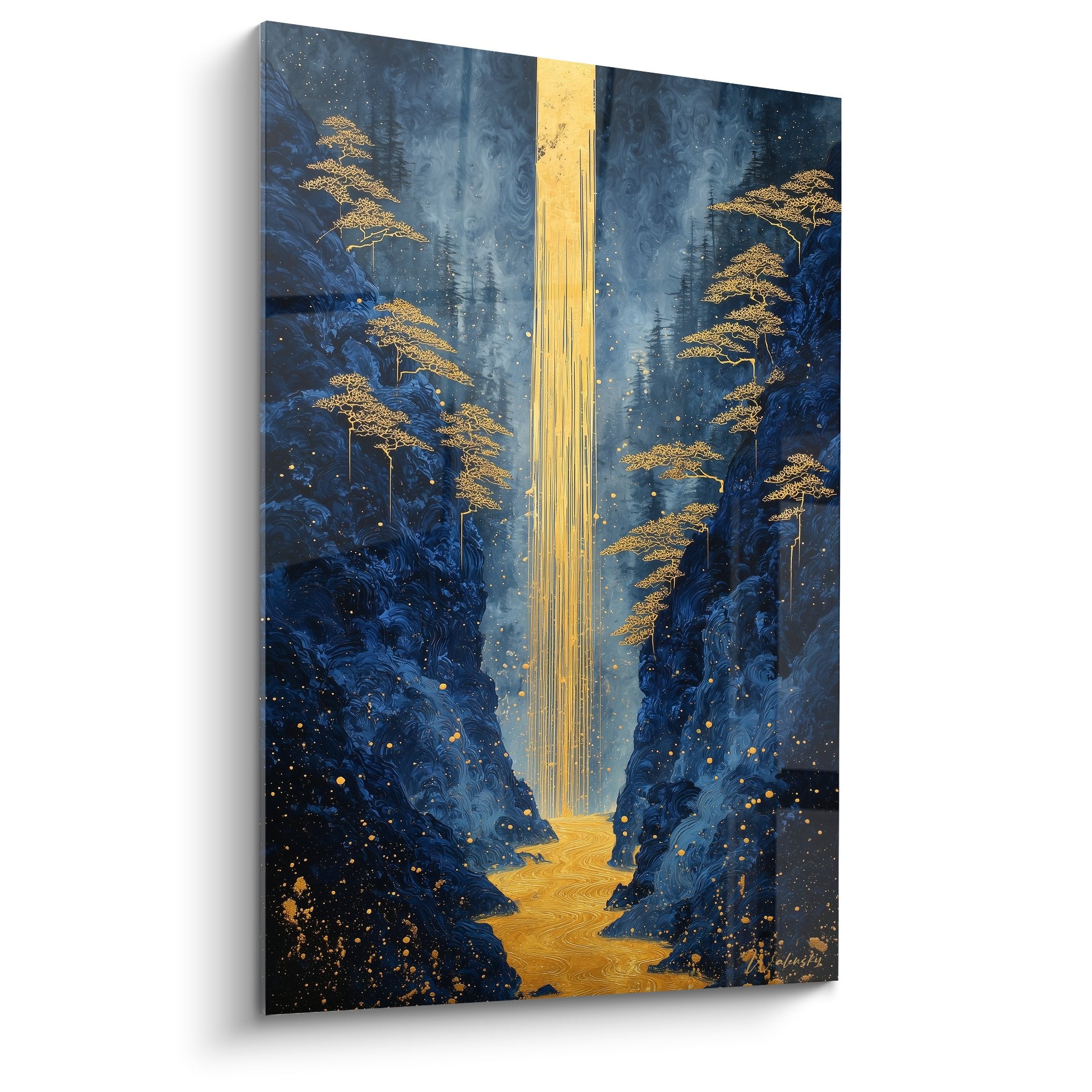 Vertical golden waterfall painting between blue rocks and golden pines on starry night blue background feng shui north water