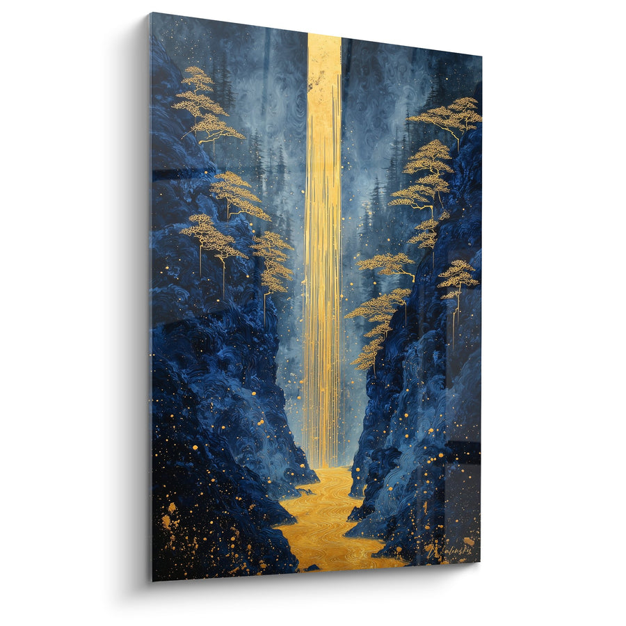 Tableau Cascade Dorée entre Rochers Bleus et Pins Dorés - Sérénité Nocturne - Edition Feng shui Nord Eau