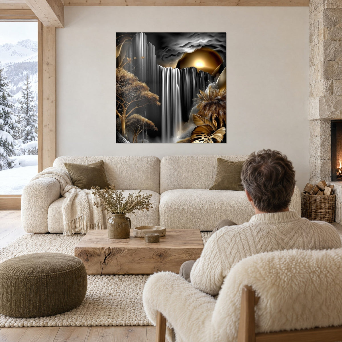 Tableau chute d'eau argentée sur falaise noire, soleil doré et arbre ocre, un homme de dos au-dessus d'un canapé dans un salon lumineux