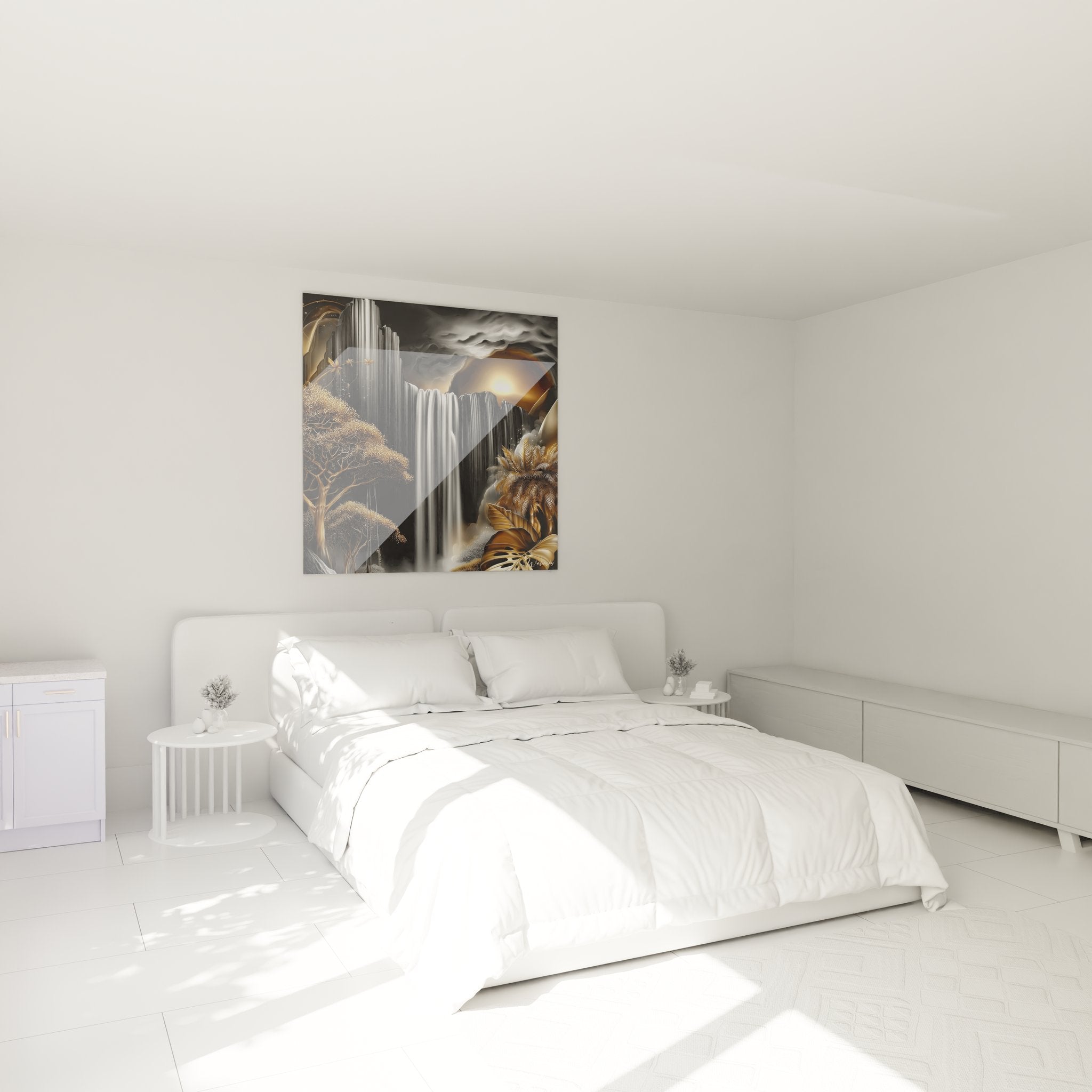 Tableau cascade dorée dans chambre moderne, art mural nature tropical aux tons dorés et argentés