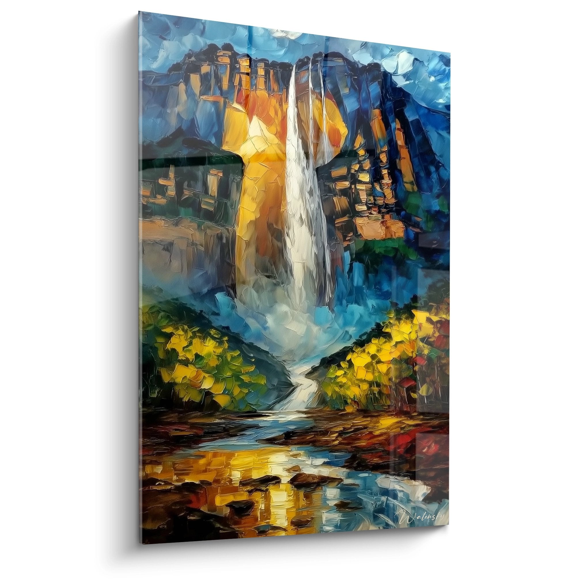 Tableau mural cascade dorée avec chute d'eau majestueuse et reflets lumineux sur falaises rocheuses