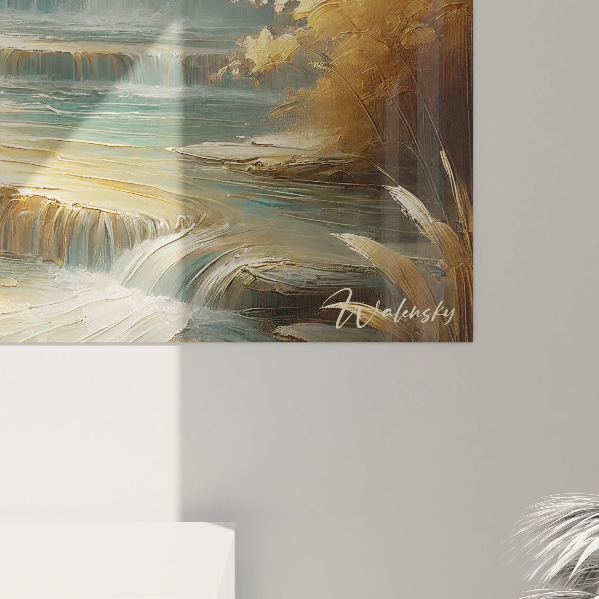 Vue rapprochee du Tableau Cascade revelant les details realistes de la cascade et la texture doree des arbres capturant la beaute de la nature avec une touche mystique






