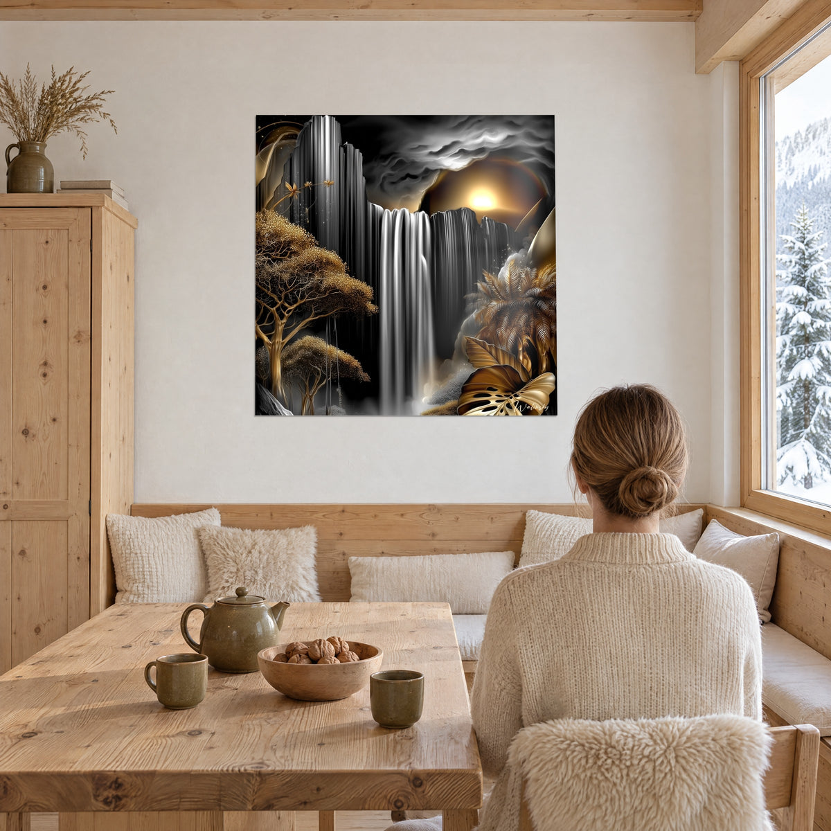 Tableau forêt tropicale dorée autour d'une chute d'eau, nuages gris et lumière ambre, femme de dos dans un coin repas en bois