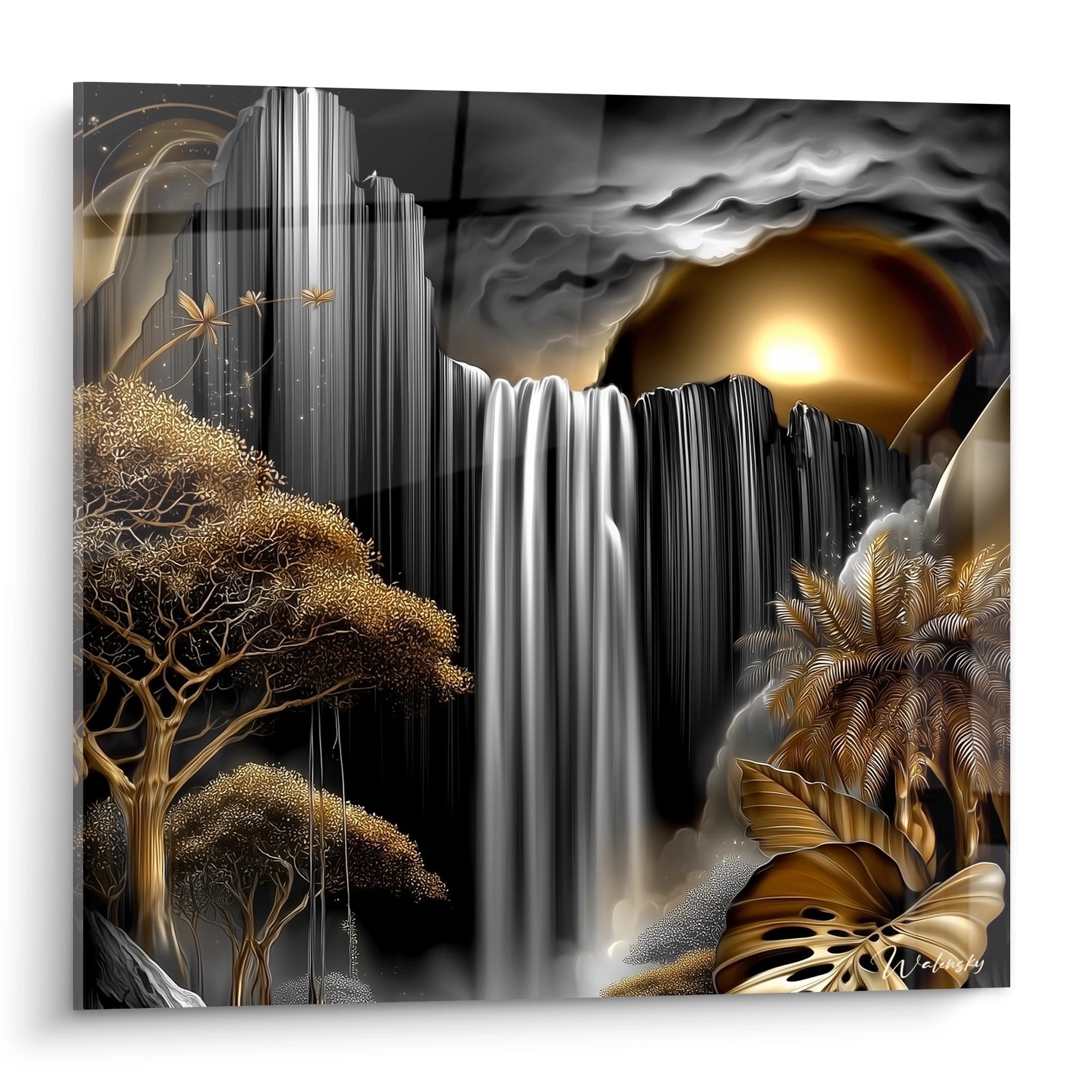 Tableau mural cascade dorée avec forêt tropicale et chute d'eau argentée, décoration nature luxueuse