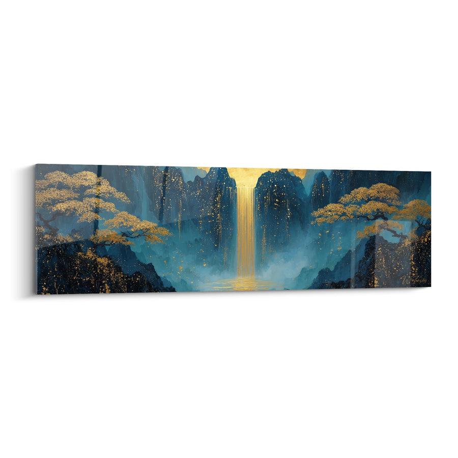 Tableau Paysage Montagneux avec Cascade Dorée et Arbres Bleus - Sérénité Mystique - Edition Feng shui Nord Eau