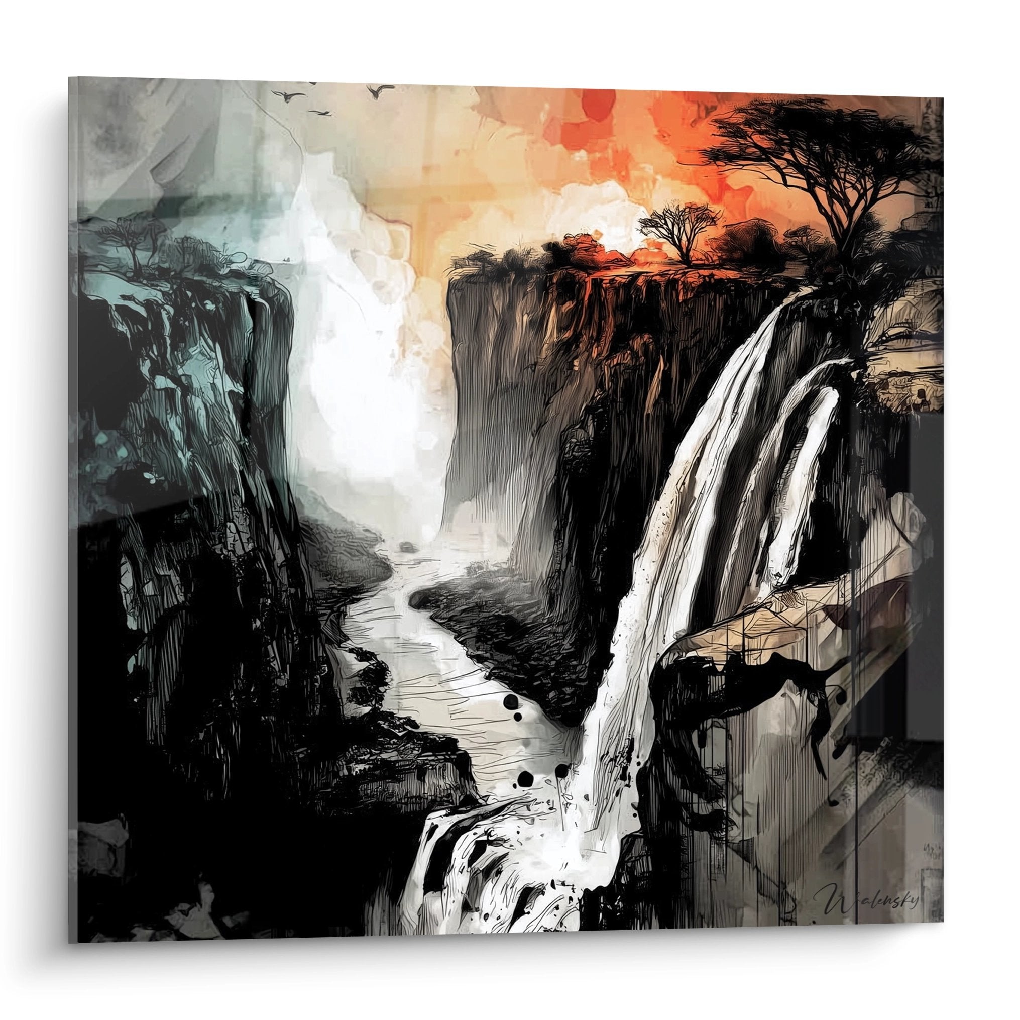 Tableau mural cascade dramatique avec chutes d'eau majestueuses et ciel orange pour décoration moderne