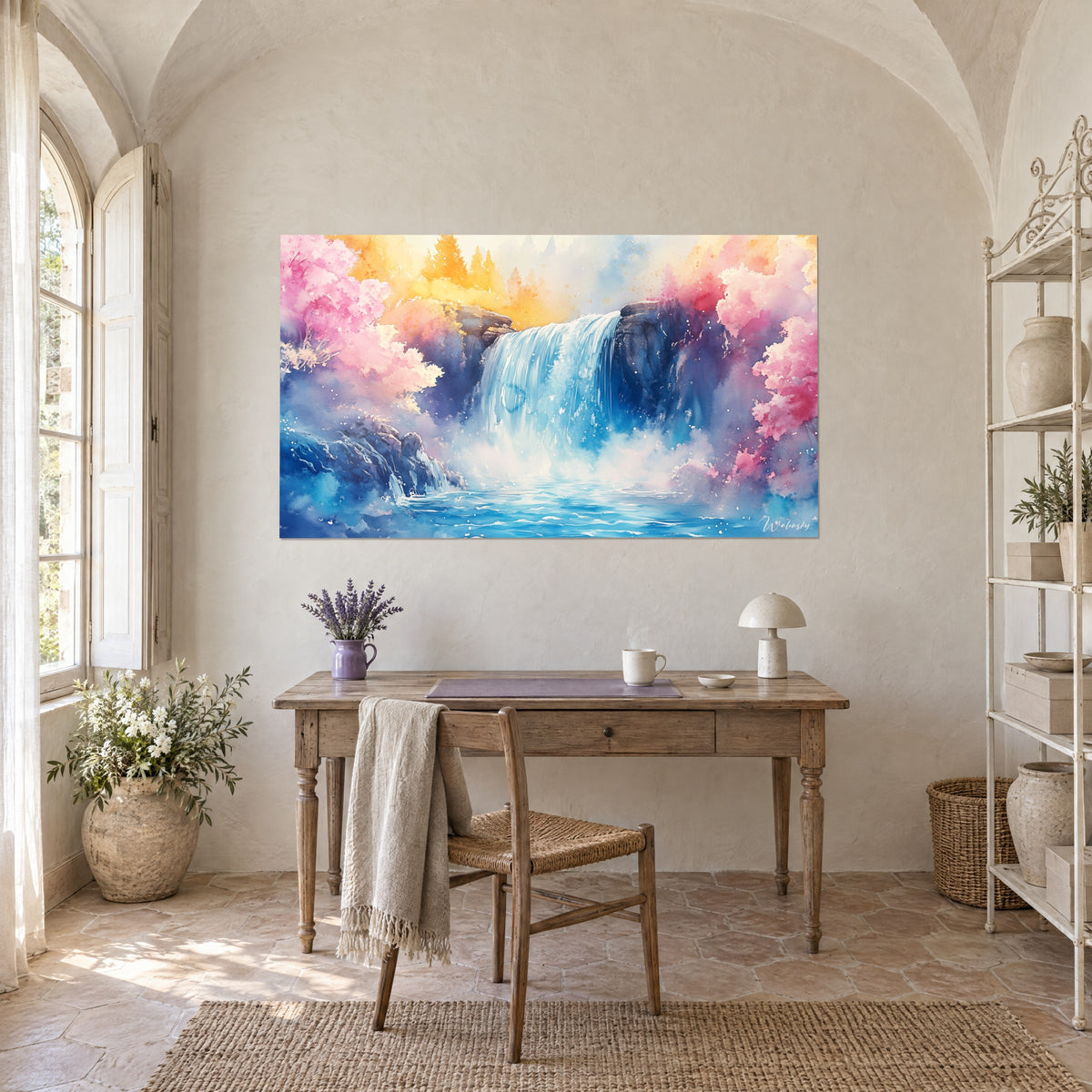 Wall art waterfall landscape with white spray and pastel violet tones, golden maple leaves, hung above a wooden desk