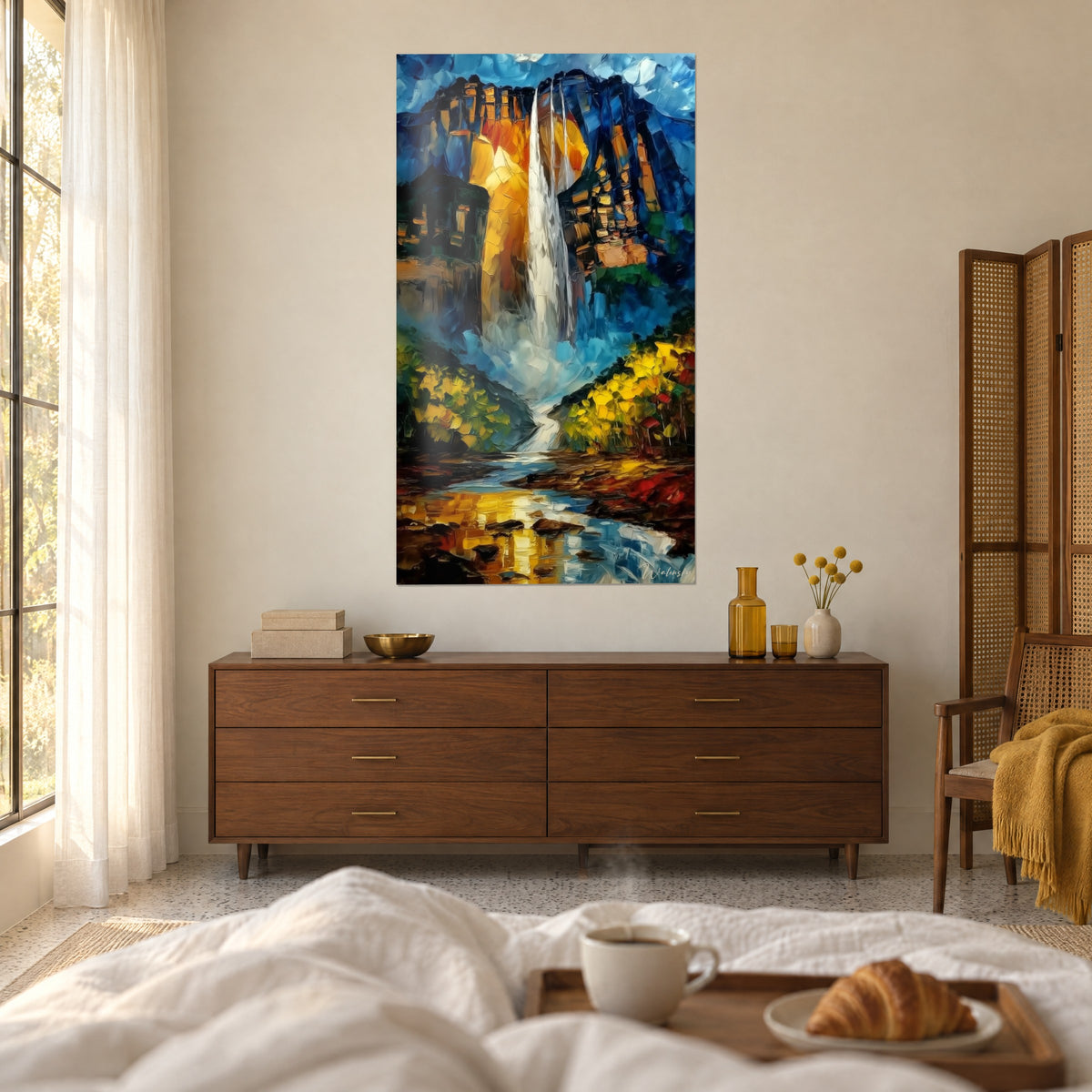 Wall art silver torrent tumbling down a saffron and midnight blue cliff, yellow banks in palette-knife strokes, above a bed in a bright bedroom