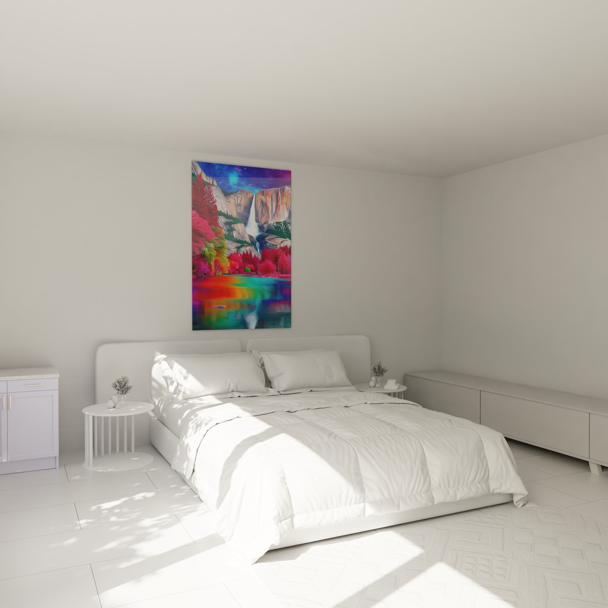 Tableau mural cascade fantastique décorant une chambre moderne avec couleurs vibrantes et ambiance mystique