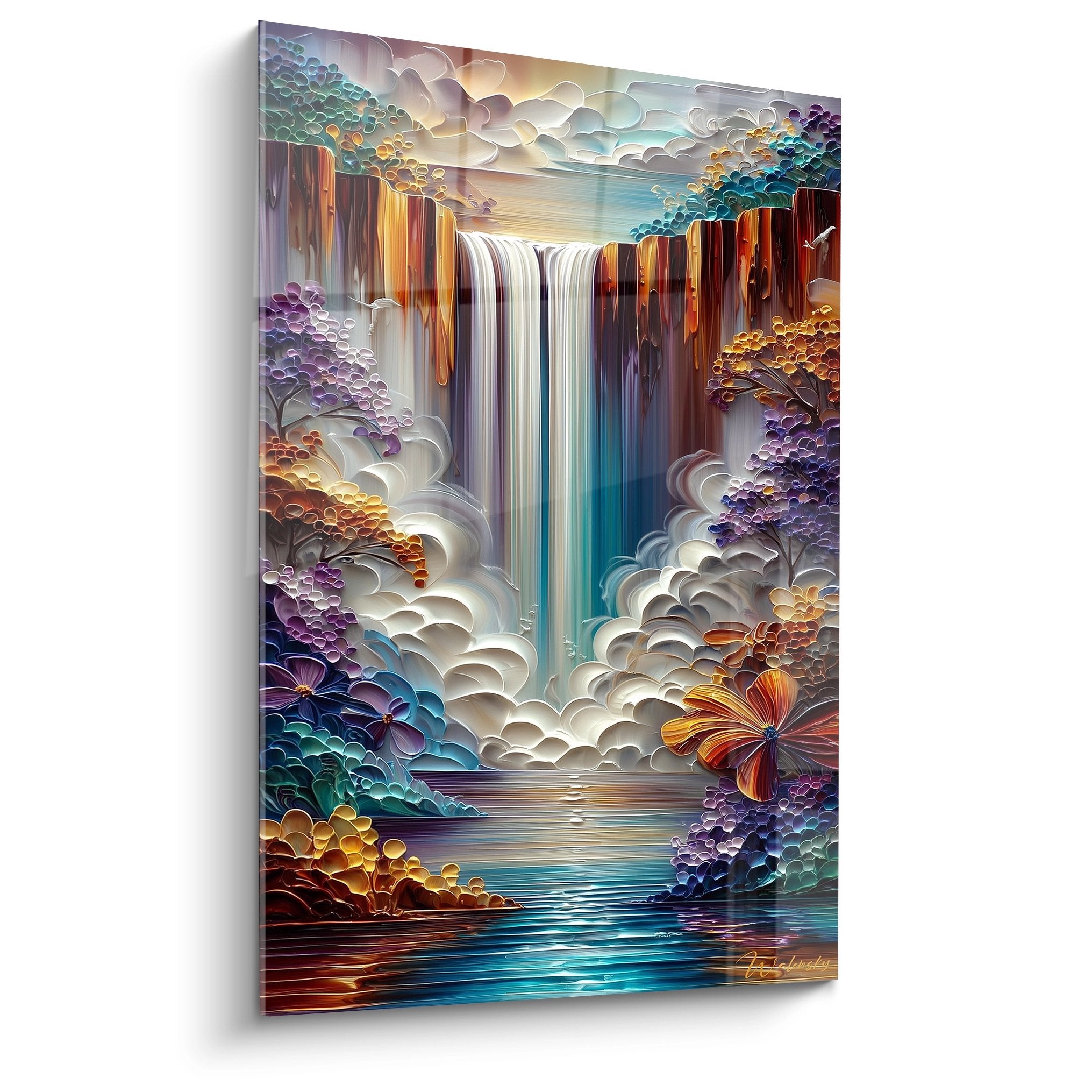 Tableau cascade fantastique multicolore avec papillon et chute d'eau aux teintes iridescentes